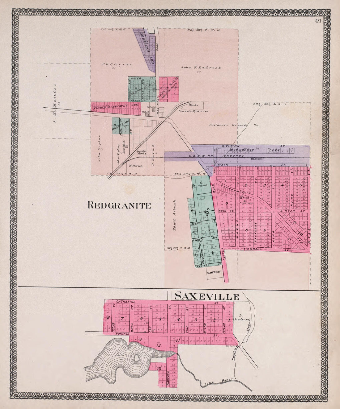 This old map of Redgranite & Saxeville from Atlas of Waushara County, Wisconsin from 1906 was created by W. (William) Wangersheim in 1906