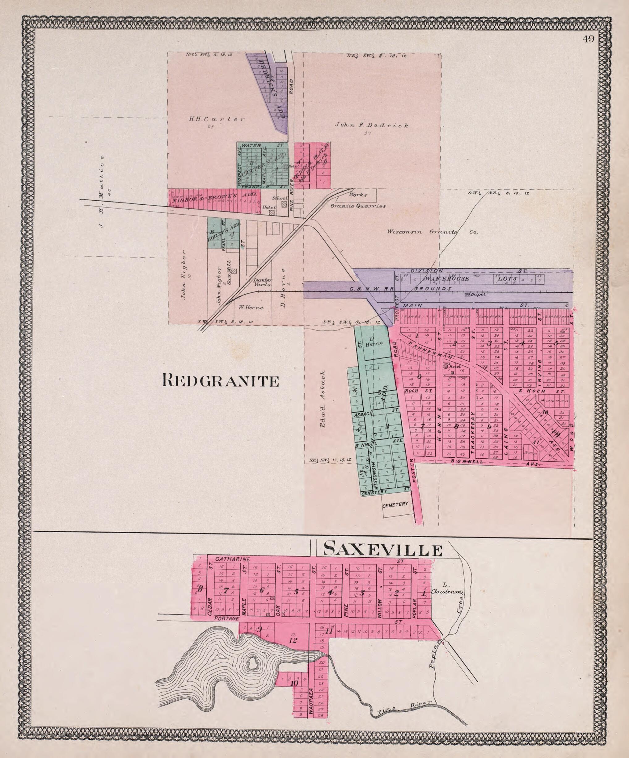 This old map of Redgranite & Saxeville from Atlas of Waushara County, Wisconsin from 1906 was created by W. (William) Wangersheim in 1906