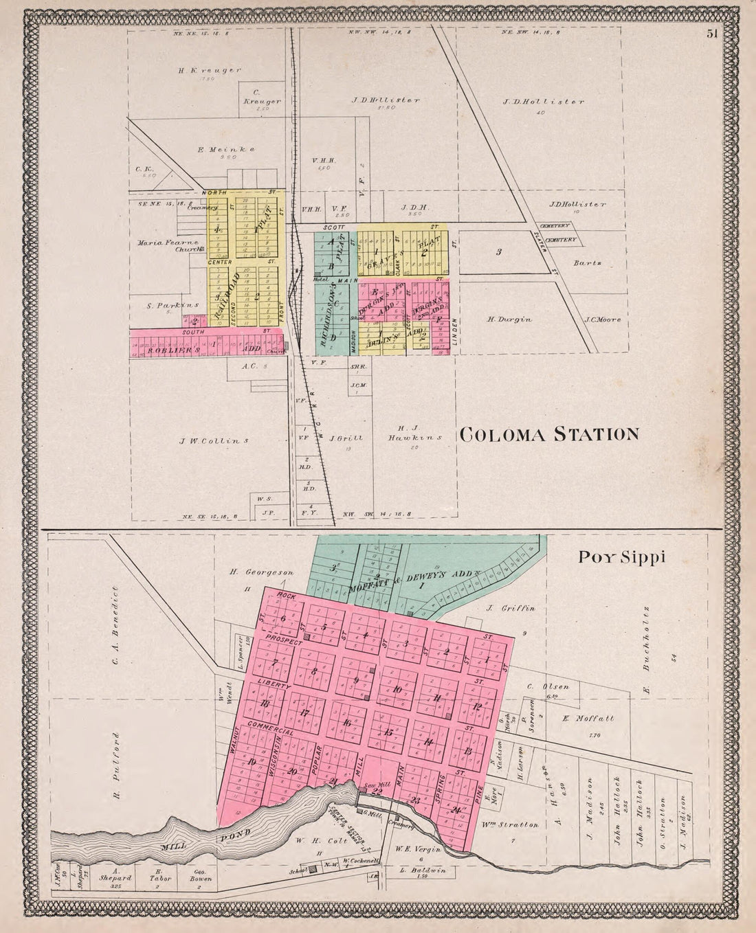 This old map of Coloma Station & Poy Sippi from Atlas of Waushara County, Wisconsin from 1906 was created by W. (William) Wangersheim in 1906