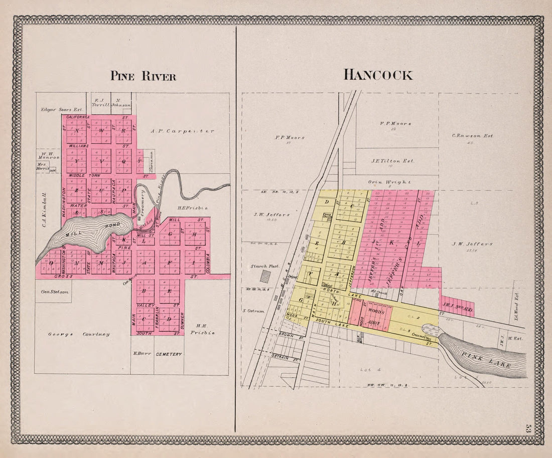 This old map of Pine River & Hancock from Atlas of Waushara County, Wisconsin from 1906 was created by W. (William) Wangersheim in 1906