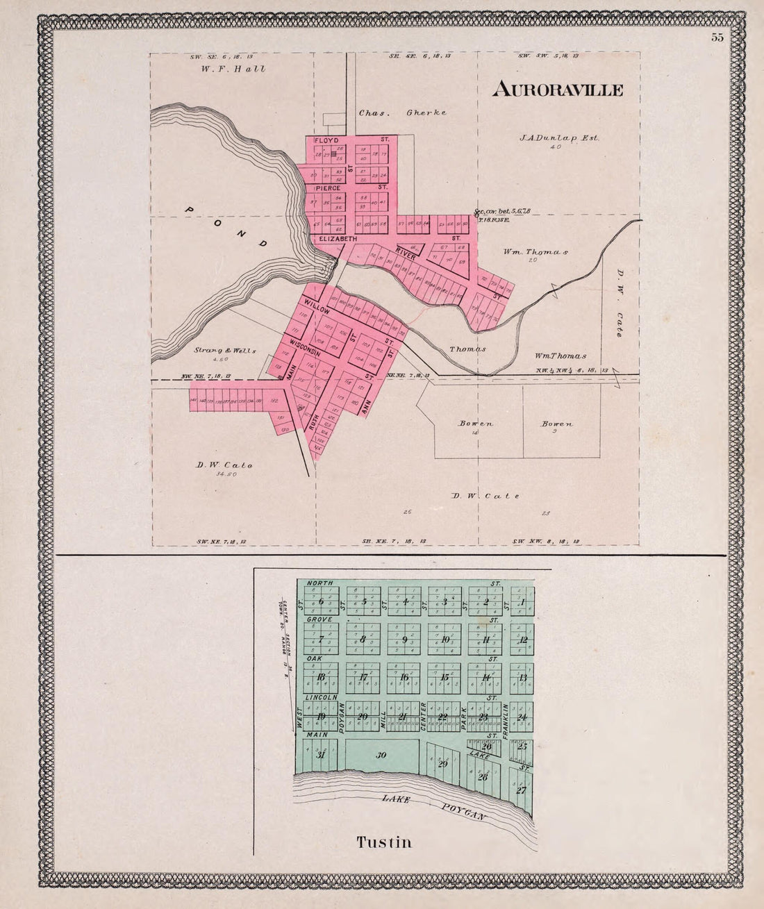 This old map of Auroraville & Tustin from Atlas of Waushara County, Wisconsin from 1906 was created by W. (William) Wangersheim in 1906