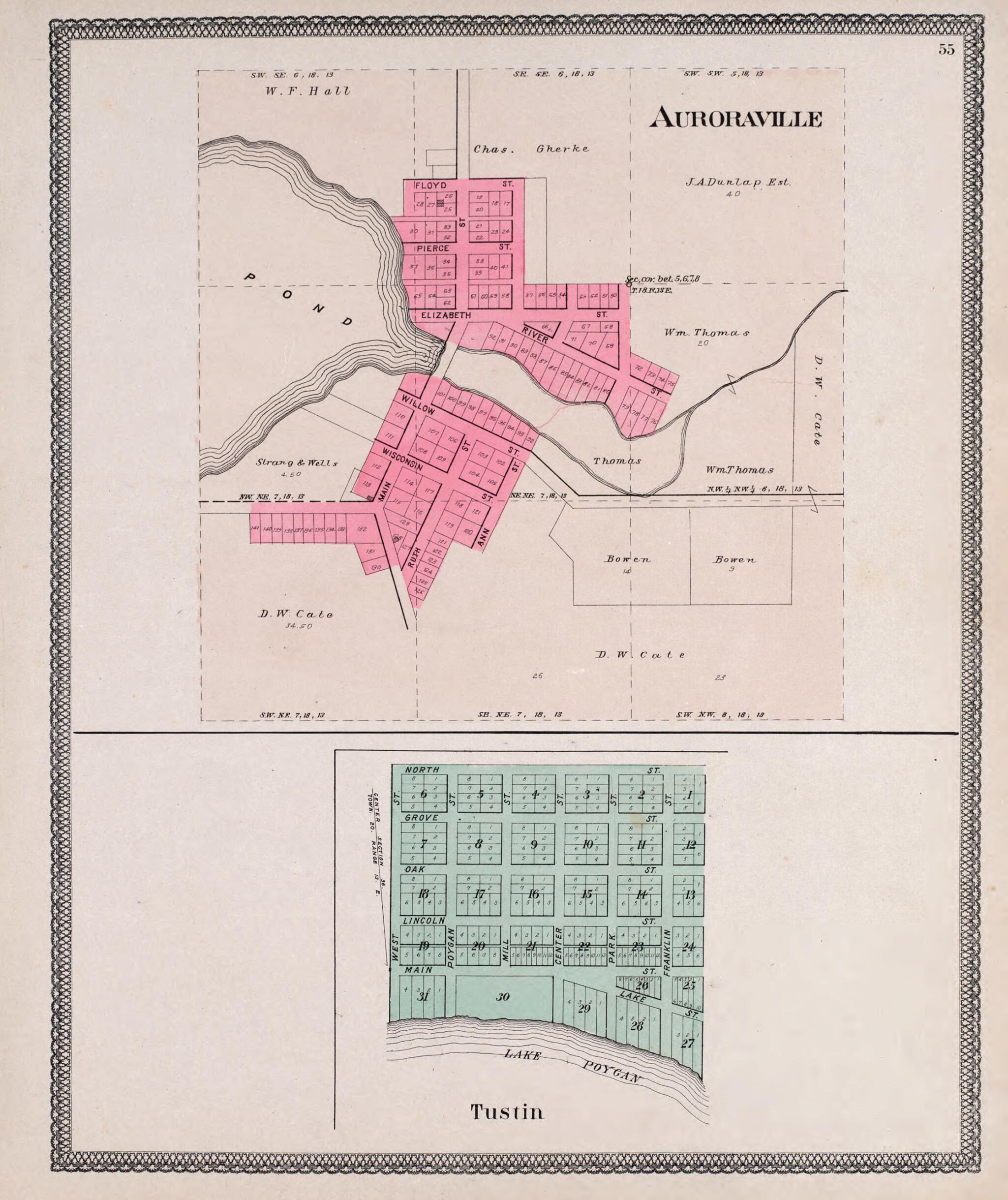 This old map of Auroraville & Tustin from Atlas of Waushara County, Wisconsin from 1906 was created by W. (William) Wangersheim in 1906
