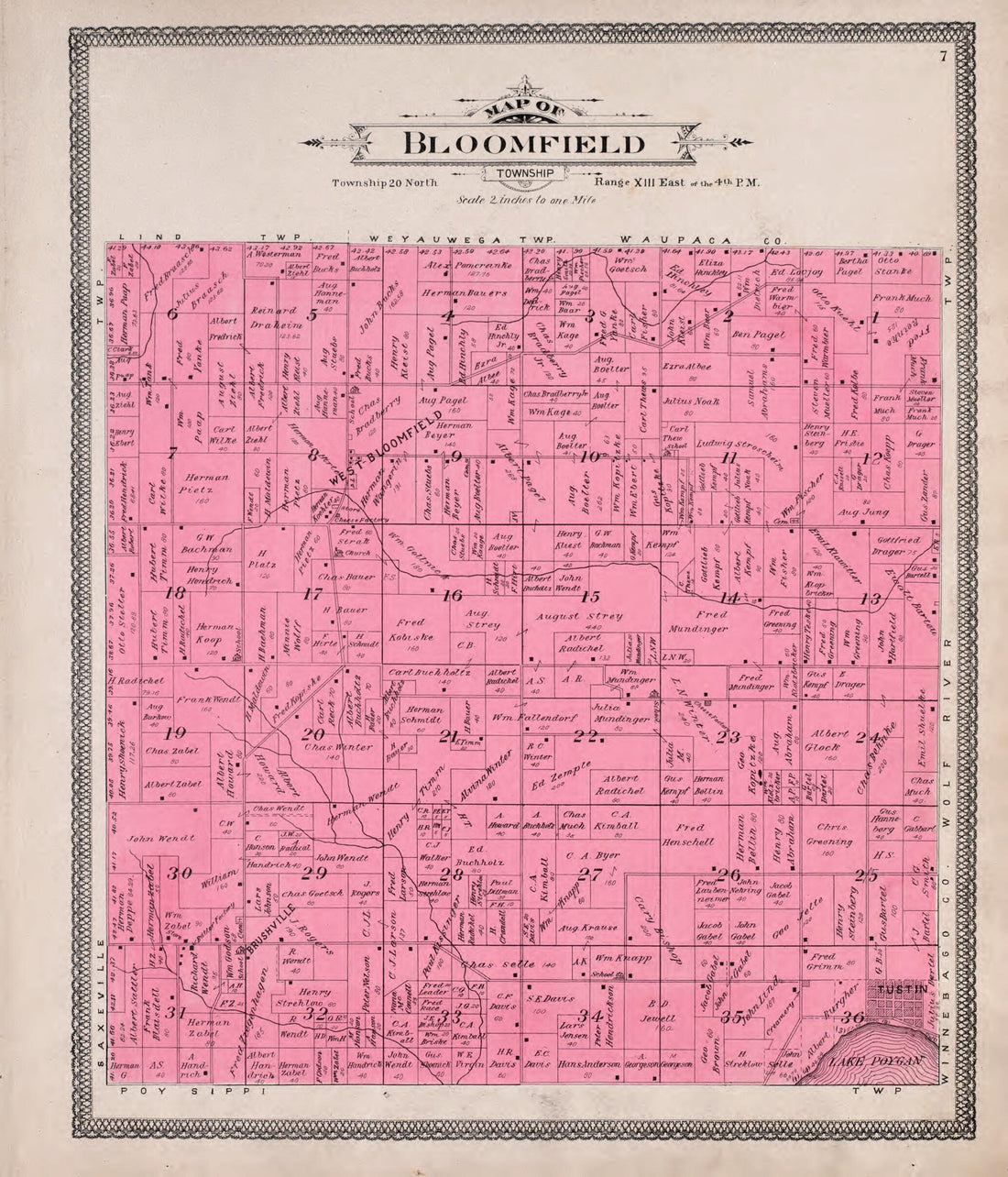 This old map of Bloomfield from Atlas of Waushara County, Wisconsin from 1906 was created by W. (William) Wangersheim in 1906