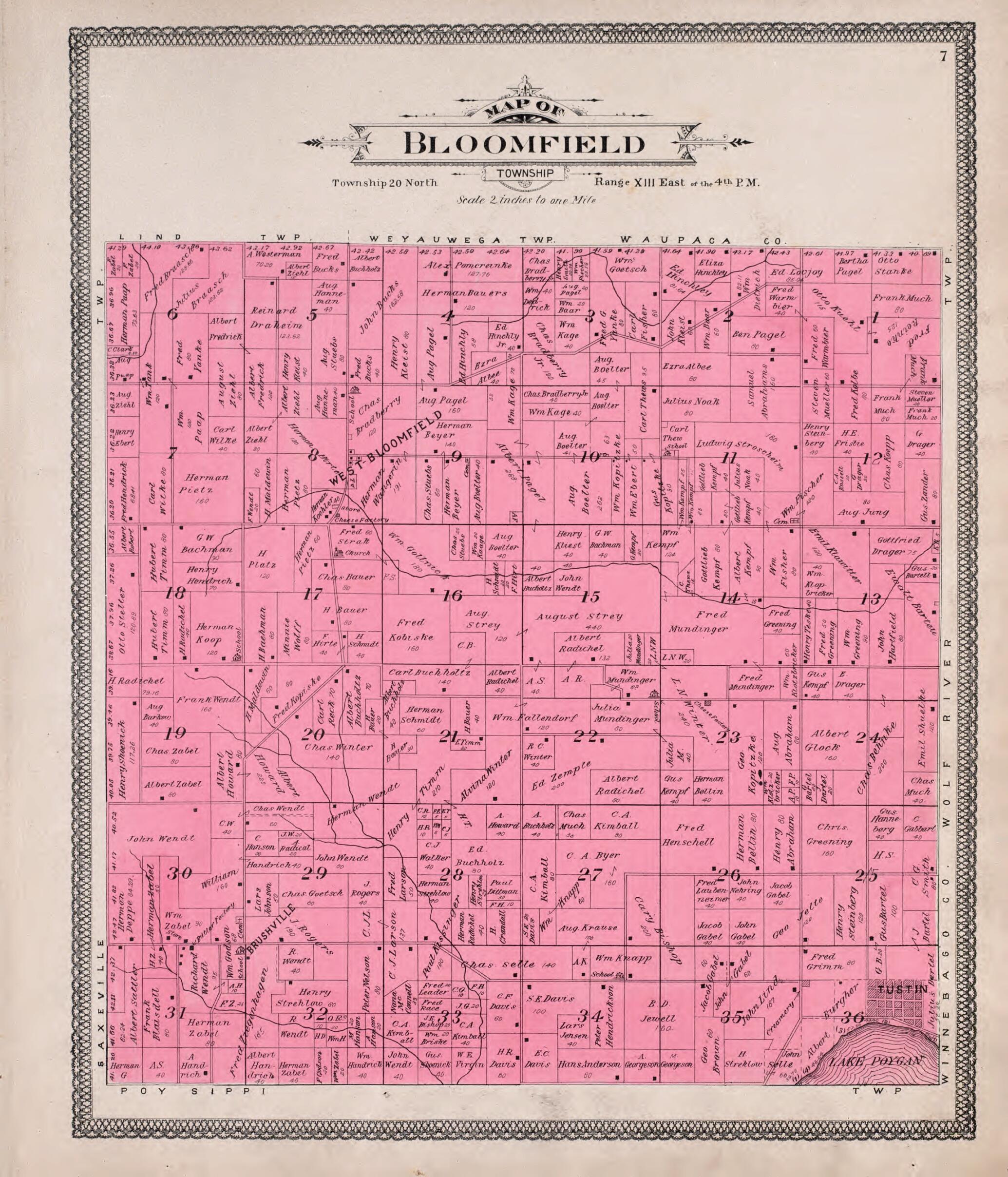 This old map of Bloomfield from Atlas of Waushara County, Wisconsin from 1906 was created by W. (William) Wangersheim in 1906