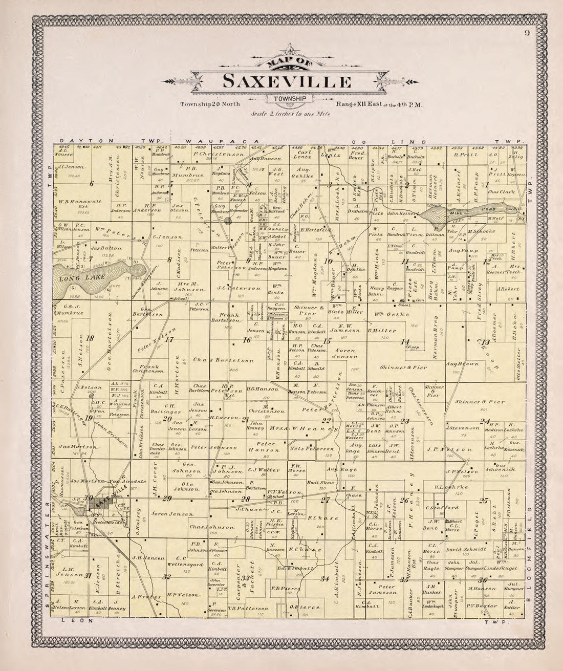 This old map of Saxeville from Atlas of Waushara County, Wisconsin from 1906 was created by W. (William) Wangersheim in 1906