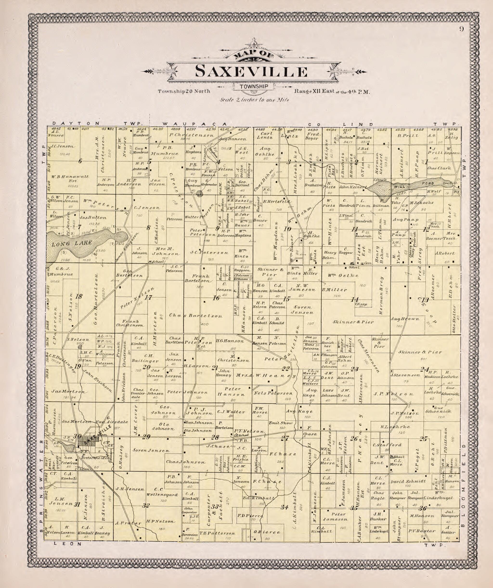 This old map of Saxeville from Atlas of Waushara County, Wisconsin from 1906 was created by W. (William) Wangersheim in 1906