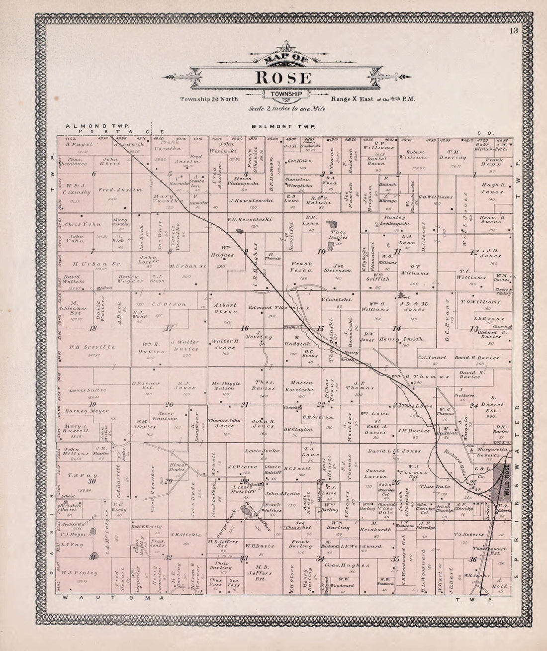 This old map of Rose from Atlas of Waushara County, Wisconsin from 1906 was created by W. (William) Wangersheim in 1906