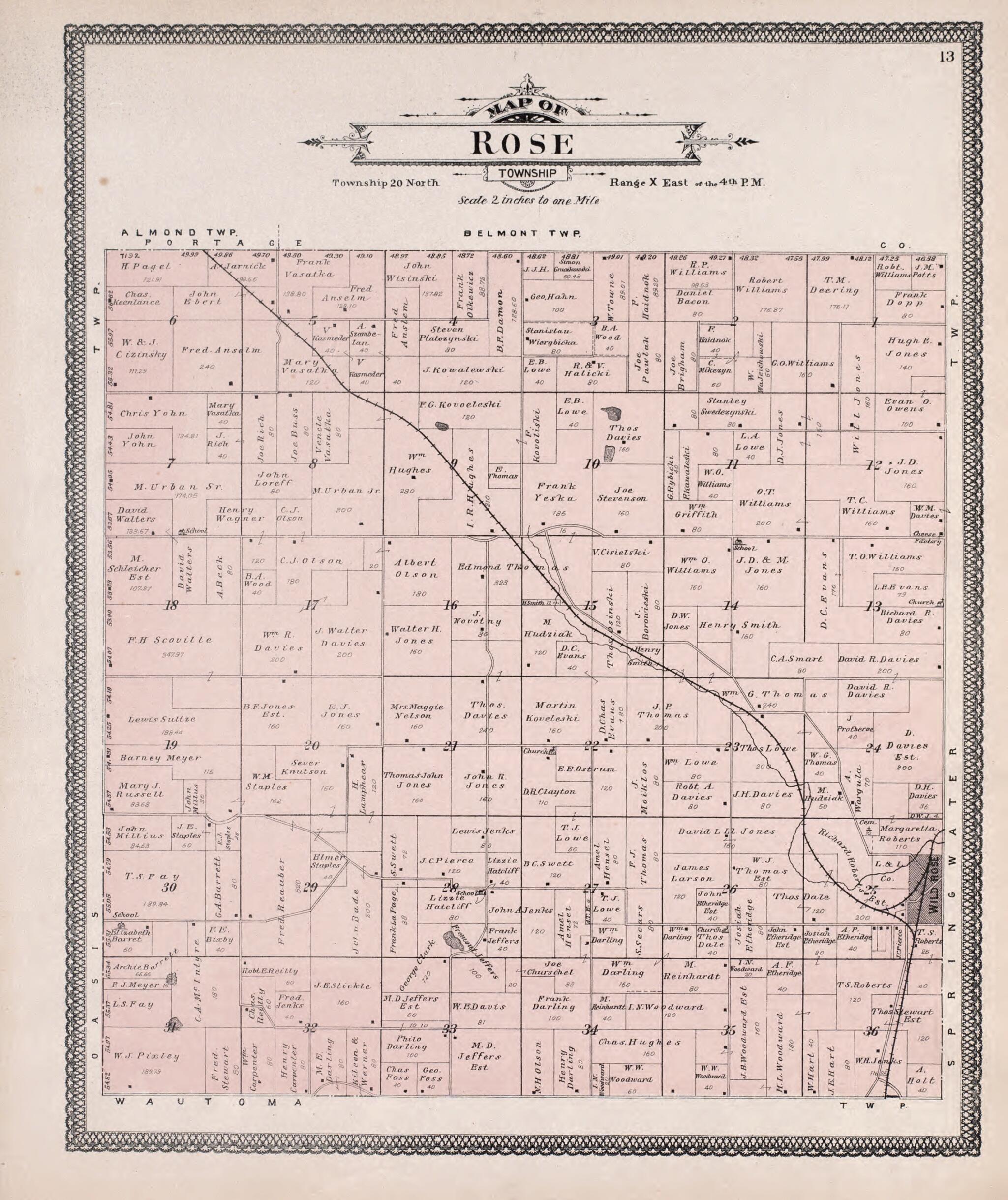 This old map of Rose from Atlas of Waushara County, Wisconsin from 1906 was created by W. (William) Wangersheim in 1906