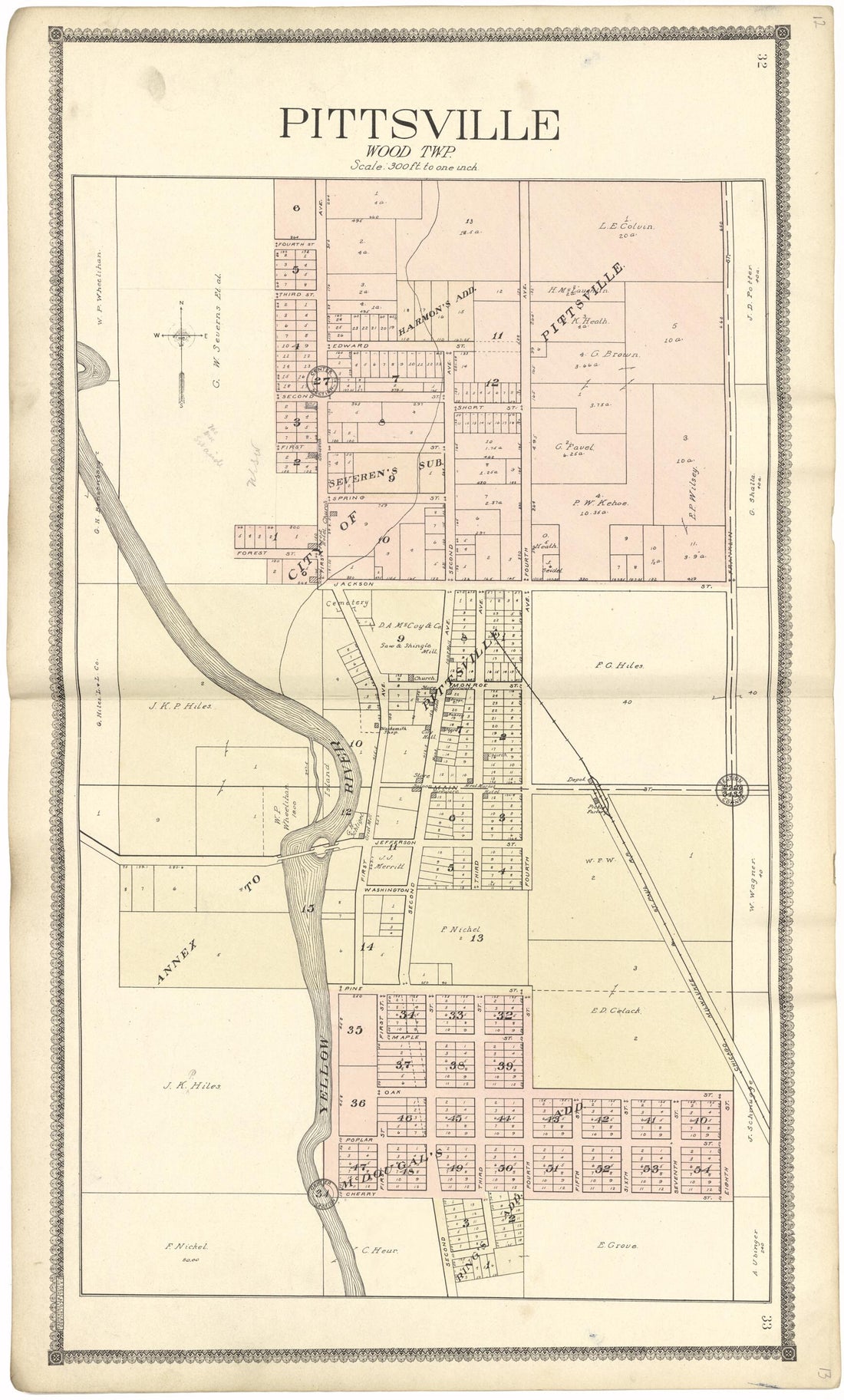 This old map of Pittsville from Standard Atlas of Wood County, Wisconsin from 1909 was created by Geo. A. Ogle & Co in 1909