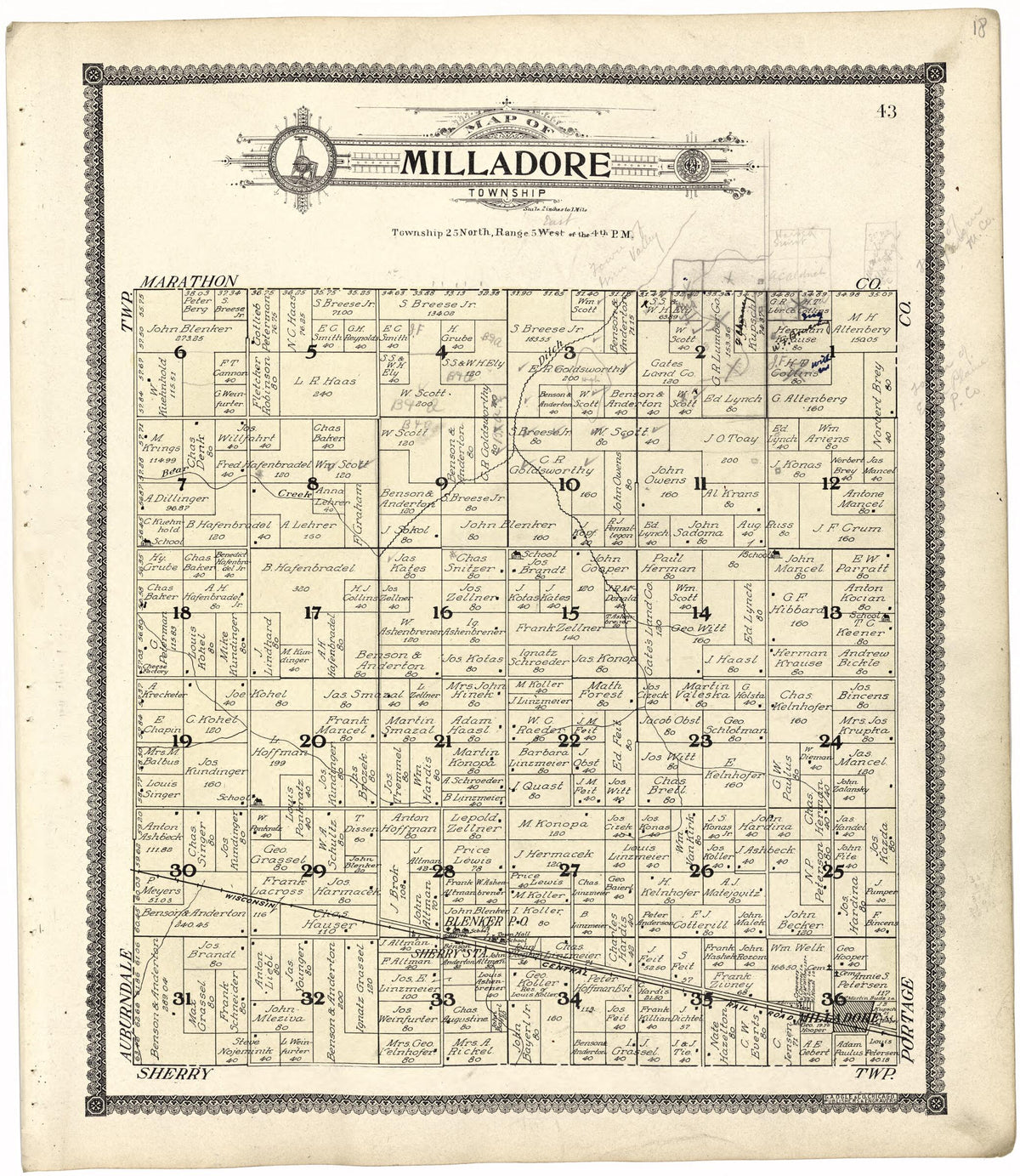 Map of Milladore Township from Standard Atlas of Wood County, Wisconsin 1909 by Relic Map Company