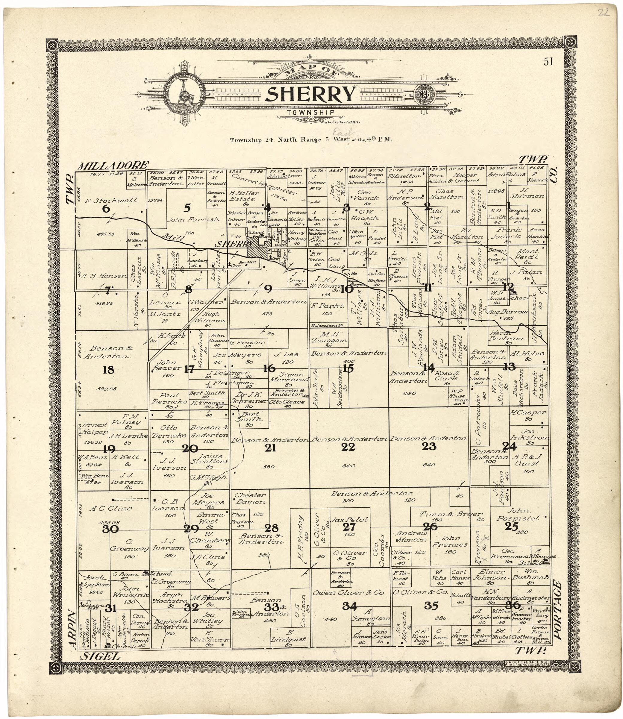 This old map of Map of Sherry Township from Standard Atlas of Wood County, Wisconsin from 1909 was created by Geo. A. Ogle & Co in 1909