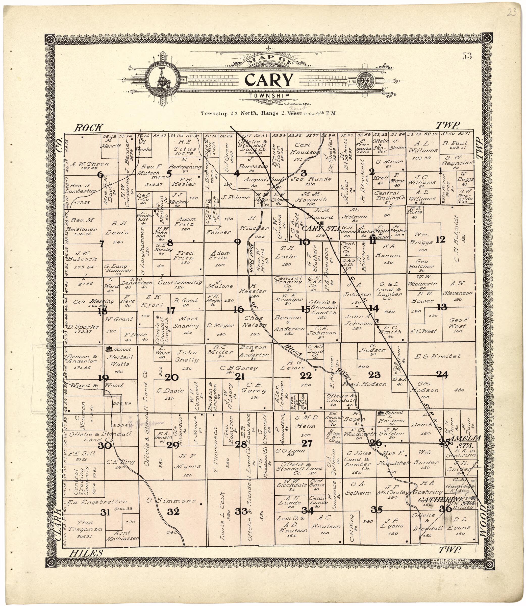 This old map of Map of Cary Township from Standard Atlas of Wood County, Wisconsin from 1909 was created by Geo. A. Ogle & Co in 1909