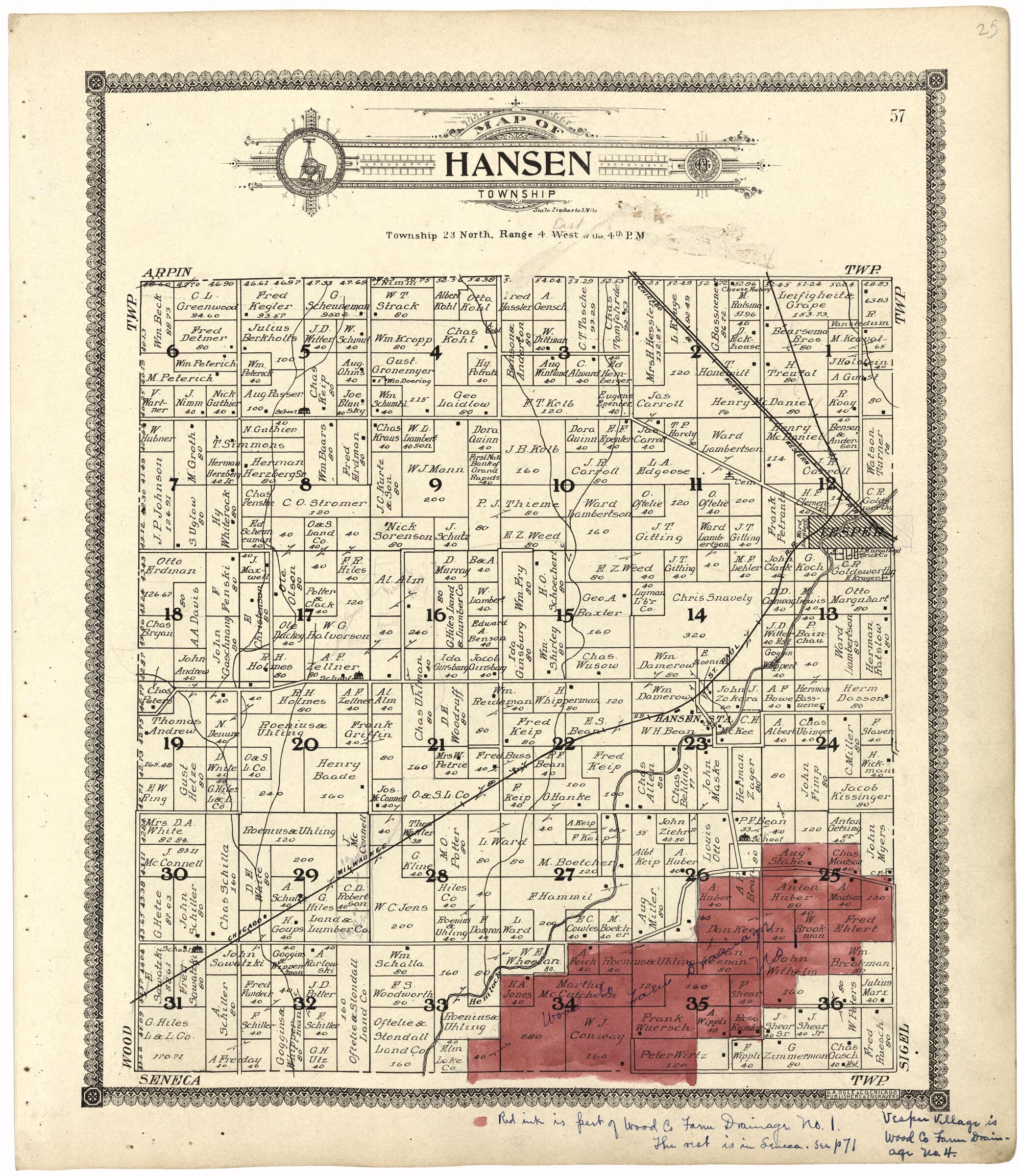 This old map of Map of Hansen Township from Standard Atlas of Wood County, Wisconsin from 1909 was created by Geo. A. Ogle & Co in 1909