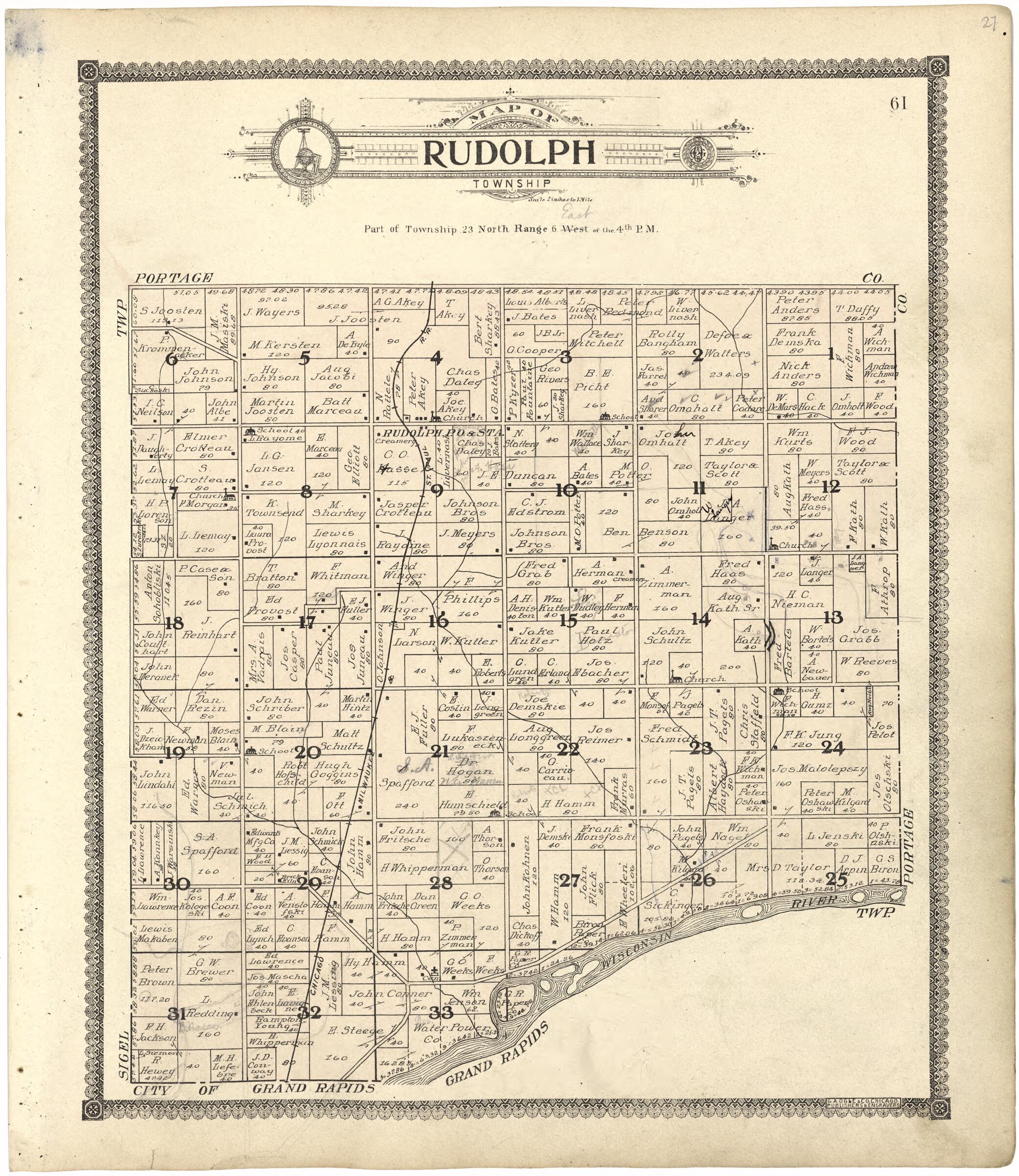 This old map of Map of Rudolph Township from Standard Atlas of Wood County, Wisconsin from 1909 was created by Geo. A. Ogle & Co in 1909