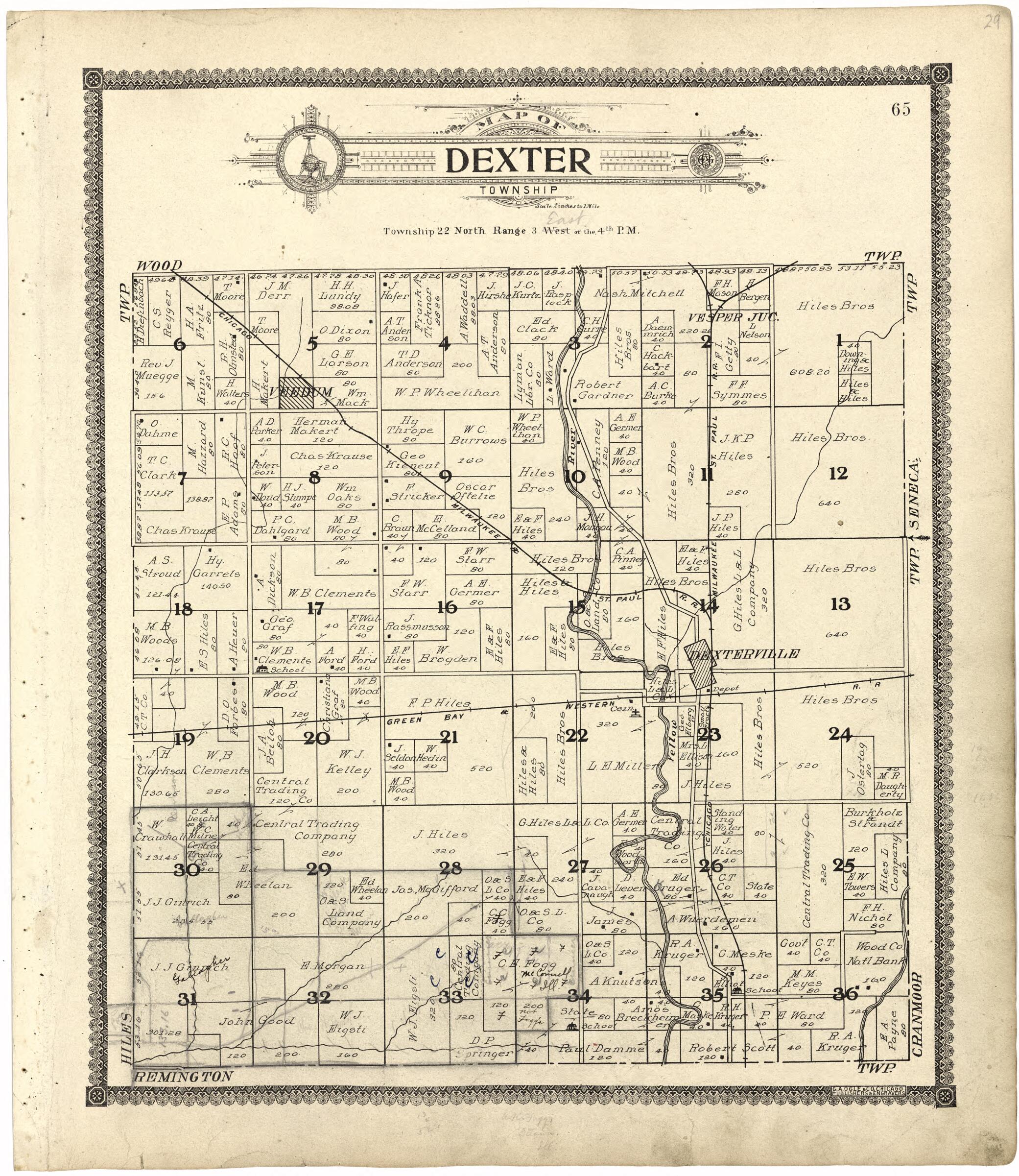 This old map of Map of Dexter Township from Standard Atlas of Wood County, Wisconsin from 1909 was created by Geo. A. Ogle & Co in 1909