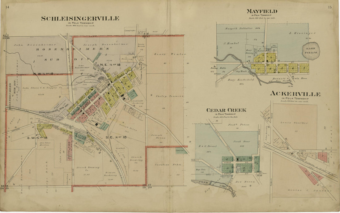 This old map of Schleisingerville; Mayfield; Cedar Creek; Ackerville from Plat Book of Washington and Ozaukee Counties, Wisconsin from 1915 was created by Albert Volk in 1915