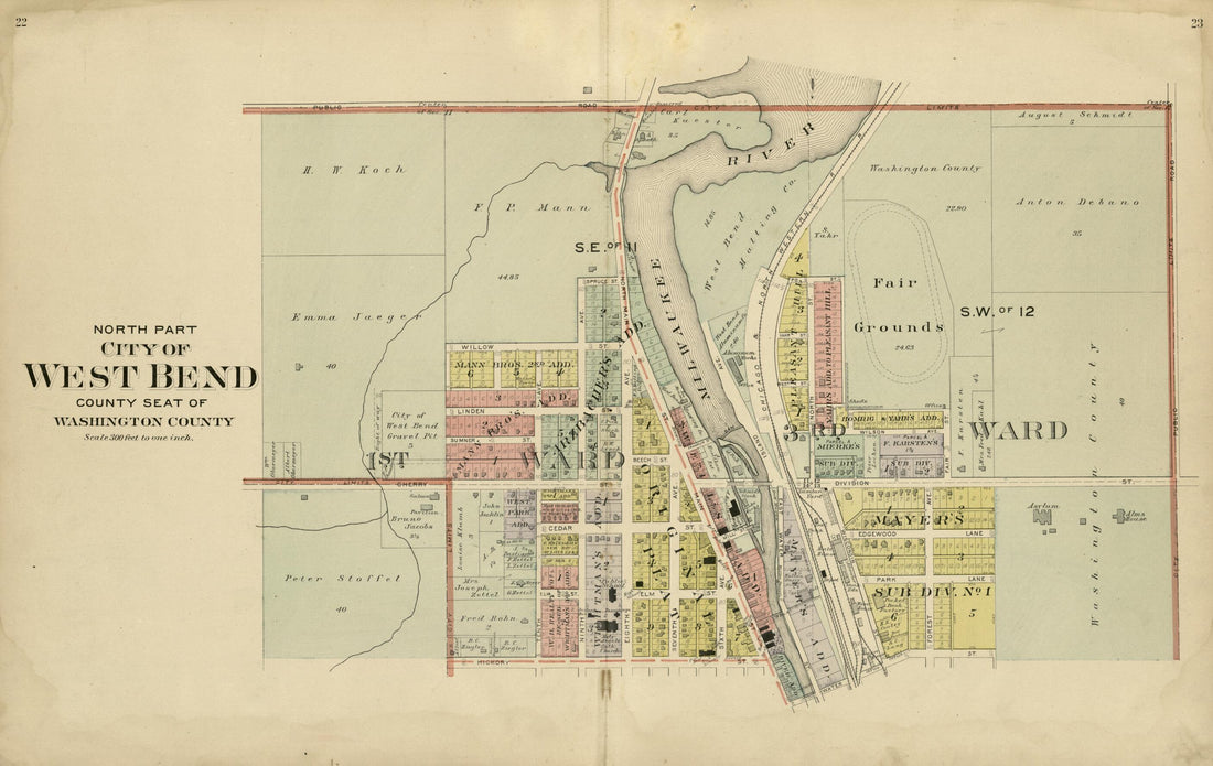 This old map of North Part: City of West Bend County Seat of Washington County from Plat Book of Washington and Ozaukee Counties, Wisconsin from 1915 was created by Albert Volk in 1915