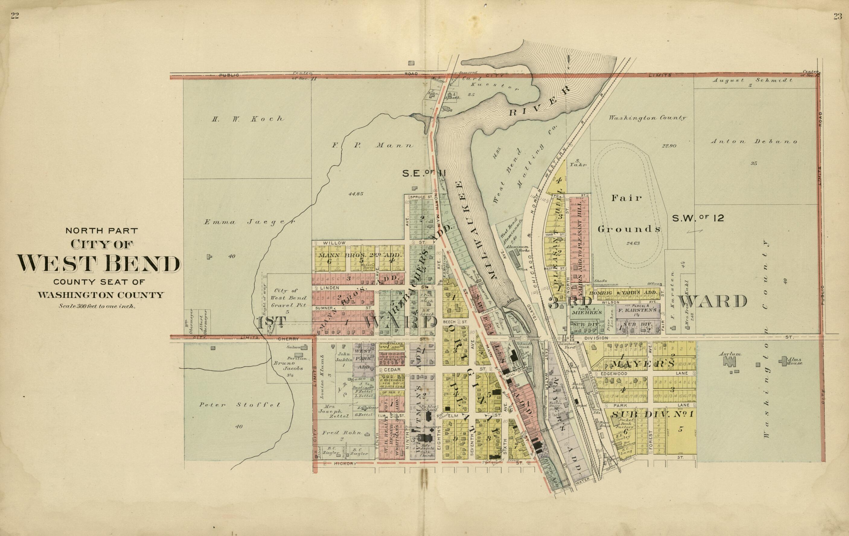 This old map of North Part: City of West Bend County Seat of Washington County from Plat Book of Washington and Ozaukee Counties, Wisconsin from 1915 was created by Albert Volk in 1915