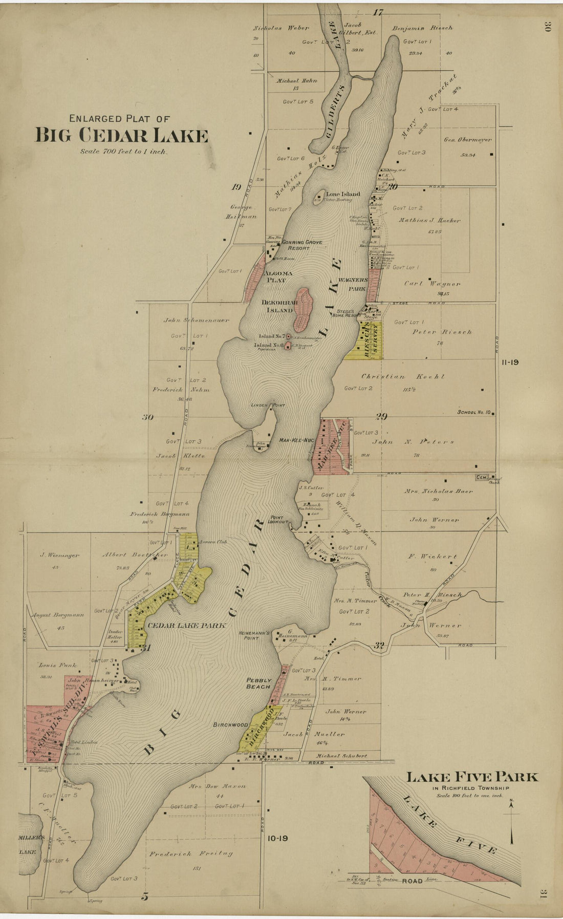 This old map of Enlarged Plat of Big Cedar Lake; Lake Five Park from Plat Book of Washington and Ozaukee Counties, Wisconsin from 1915 was created by Albert Volk in 1915