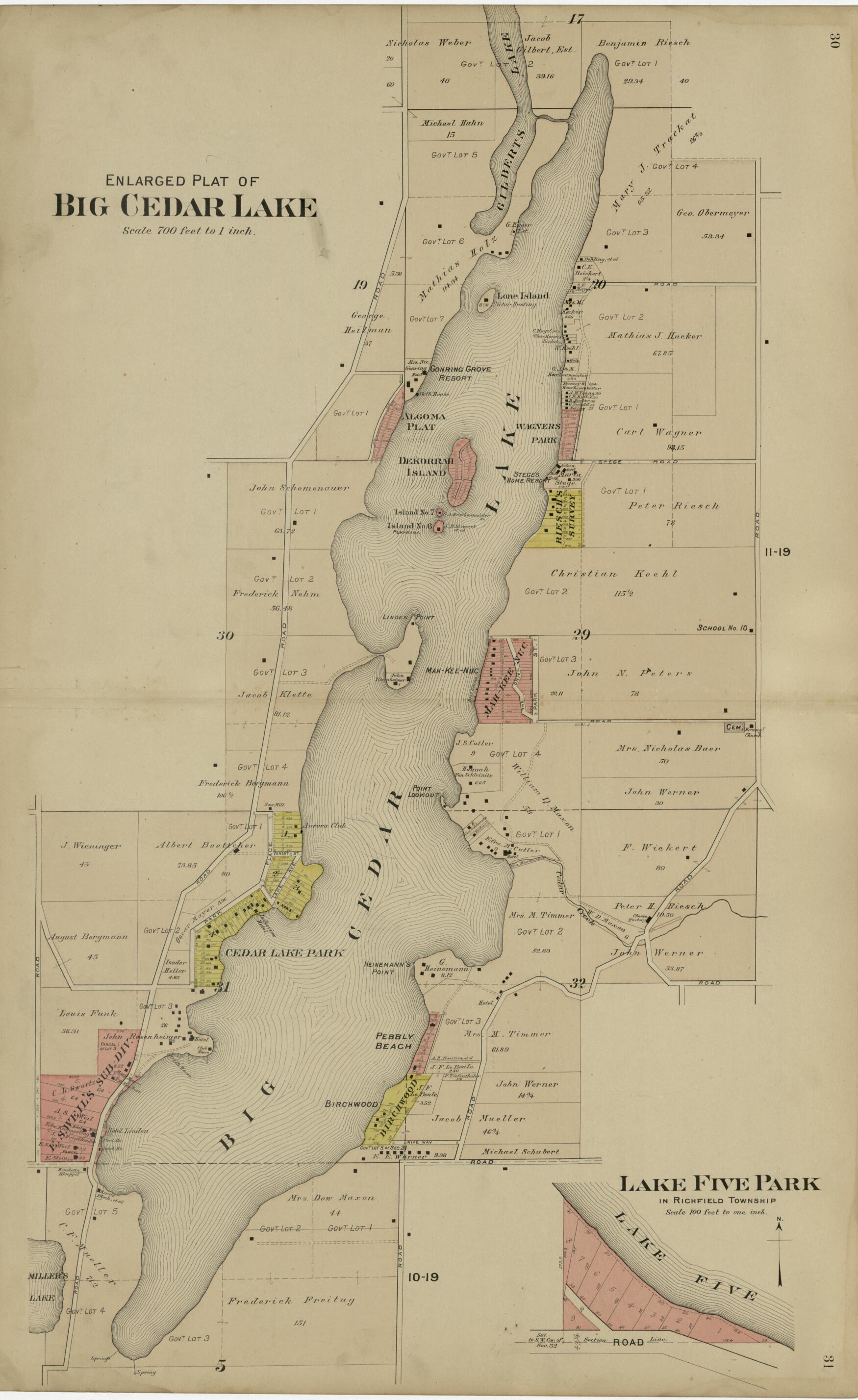 This old map of Enlarged Plat of Big Cedar Lake; Lake Five Park from Plat Book of Washington and Ozaukee Counties, Wisconsin from 1915 was created by Albert Volk in 1915