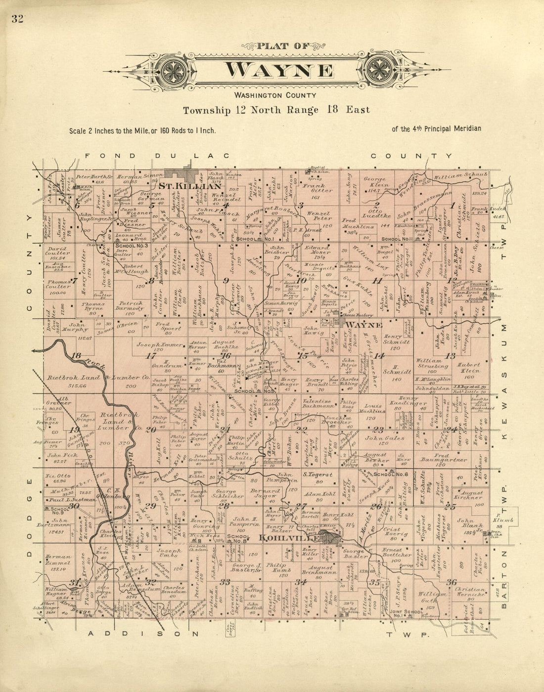 This old map of Plat of Wayne, Washington County from Plat Book of Washington and Ozaukee Counties, Wisconsin from 1915 was created by Albert Volk in 1915