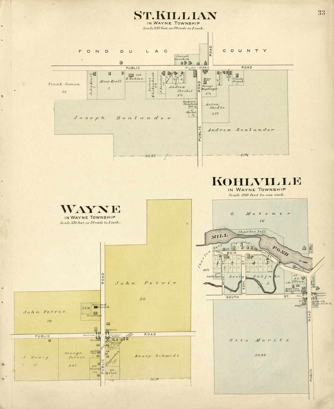 This old map of St. Killan; Wayne; Kohlville from Plat Book of Washington and Ozaukee Counties, Wisconsin from 1915 was created by Albert Volk in 1915