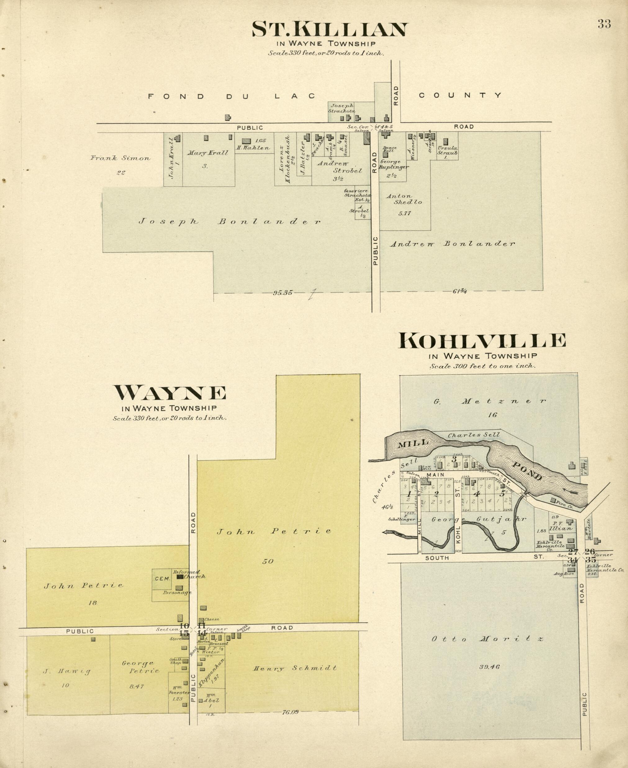 This old map of St. Killan; Wayne; Kohlville from Plat Book of Washington and Ozaukee Counties, Wisconsin from 1915 was created by Albert Volk in 1915