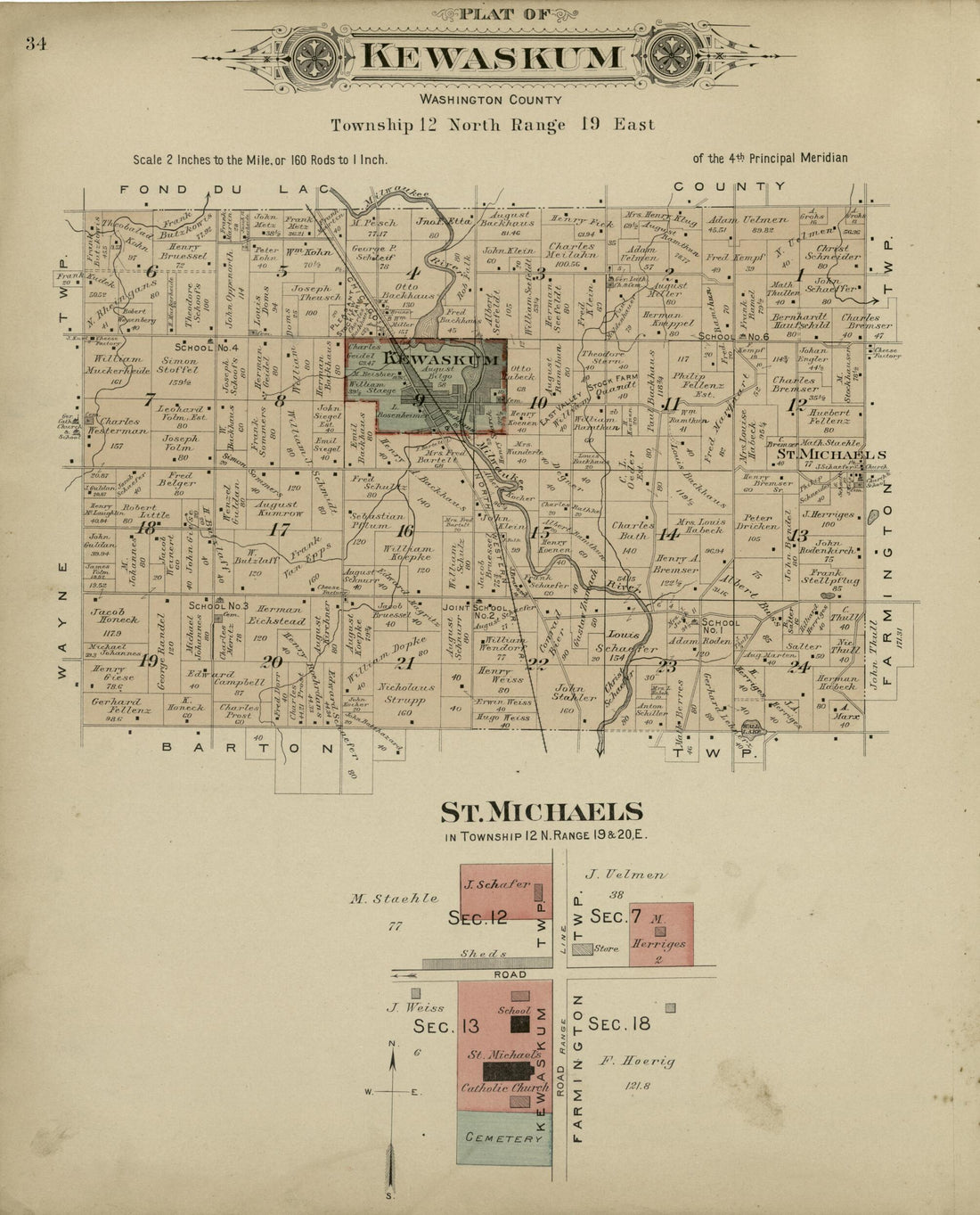 This old map of Plat of Kewaskum, Washington County; St. Michaels from Plat Book of Washington and Ozaukee Counties, Wisconsin from 1915 was created by Albert Volk in 1915