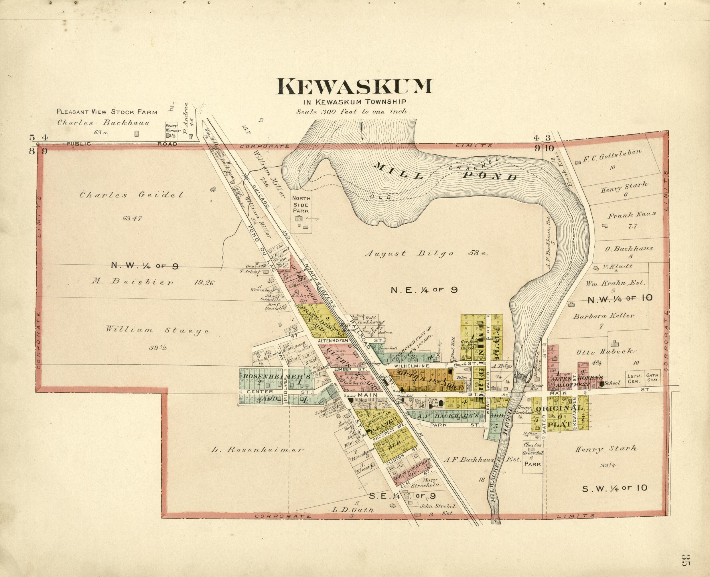This old map of Kewaskum from Plat Book of Washington and Ozaukee Counties, Wisconsin from 1915 was created by Albert Volk in 1915
