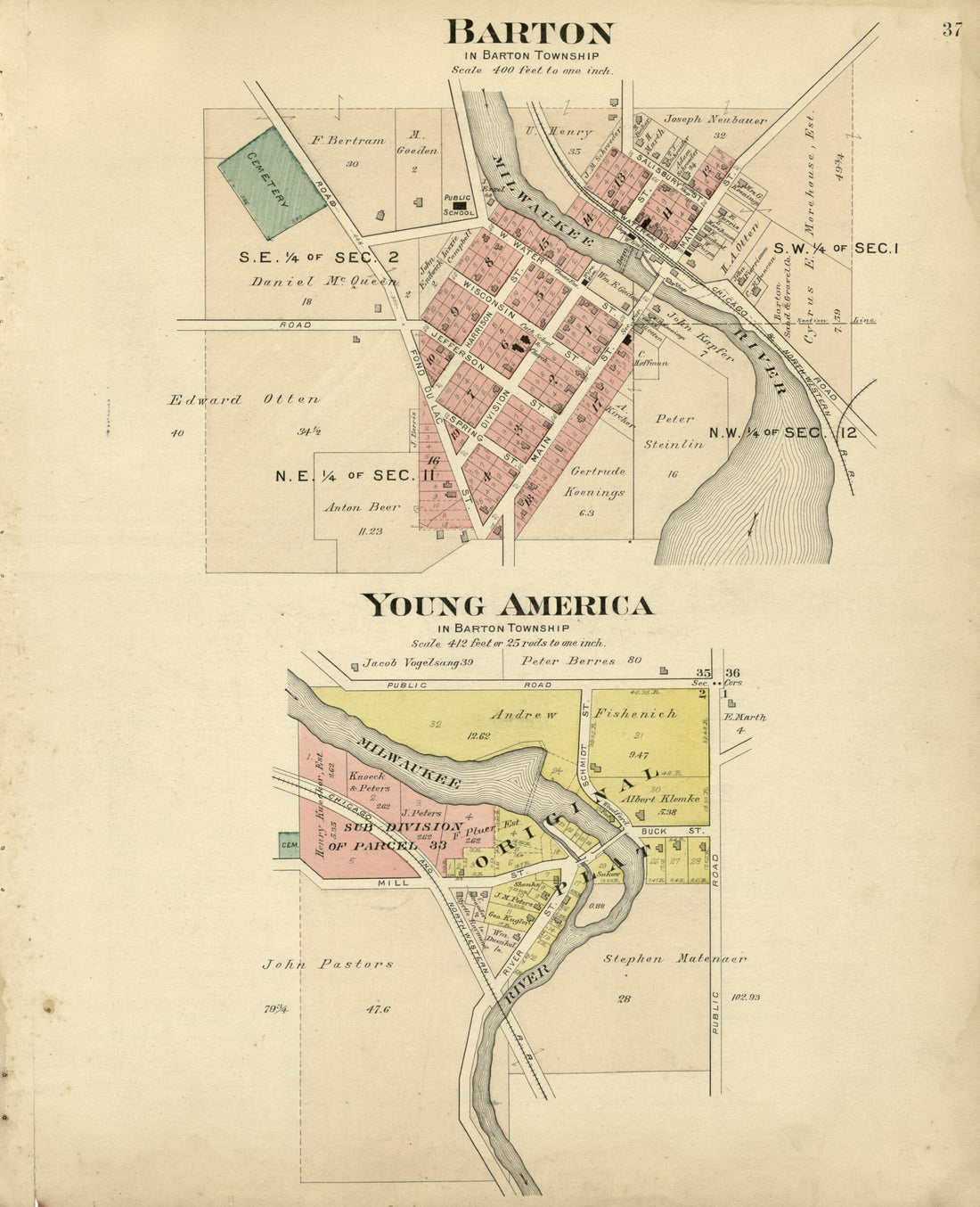 This old map of Barton; Young America from Plat Book of Washington and Ozaukee Counties, Wisconsin from 1915 was created by Albert Volk in 1915