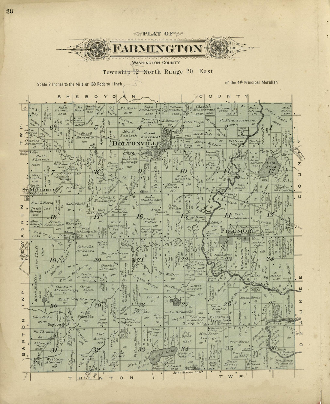 This old map of Plat of Farmington, Washington County from Plat Book of Washington and Ozaukee Counties, Wisconsin from 1915 was created by Albert Volk in 1915