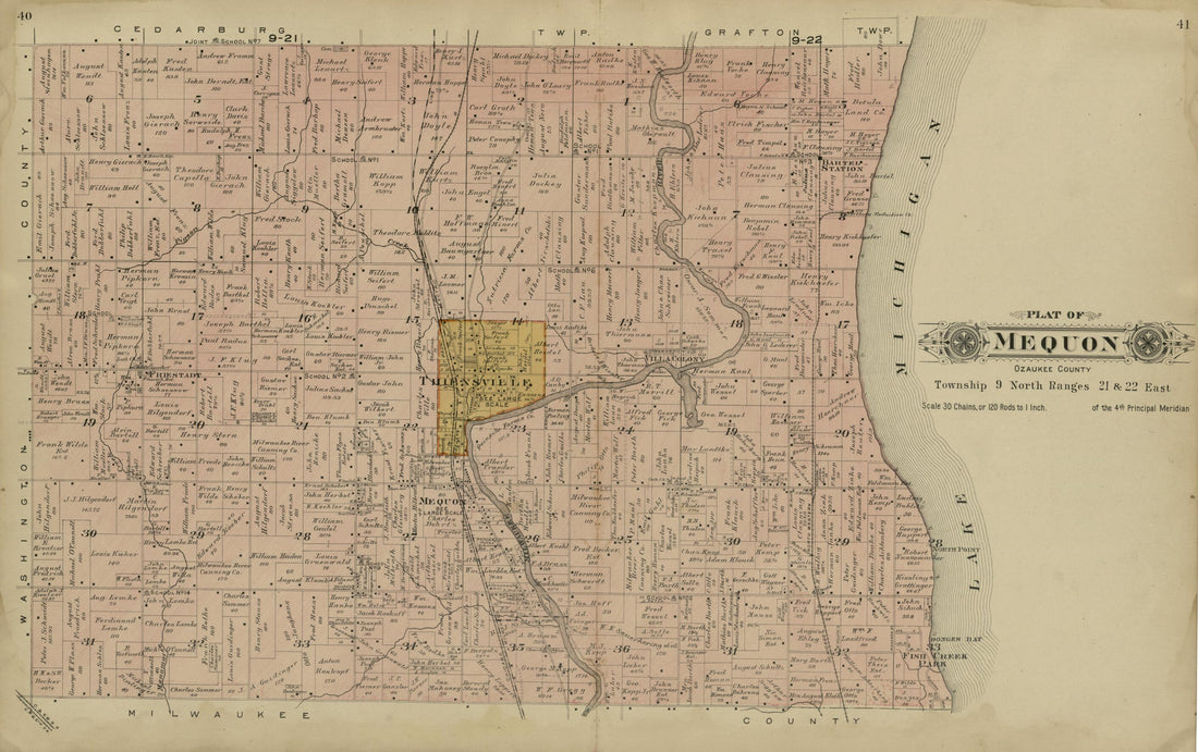 This old map of Plat of Mequon, Ozaukee County from Plat Book of Washington and Ozaukee Counties, Wisconsin from 1915 was created by Albert Volk in 1915