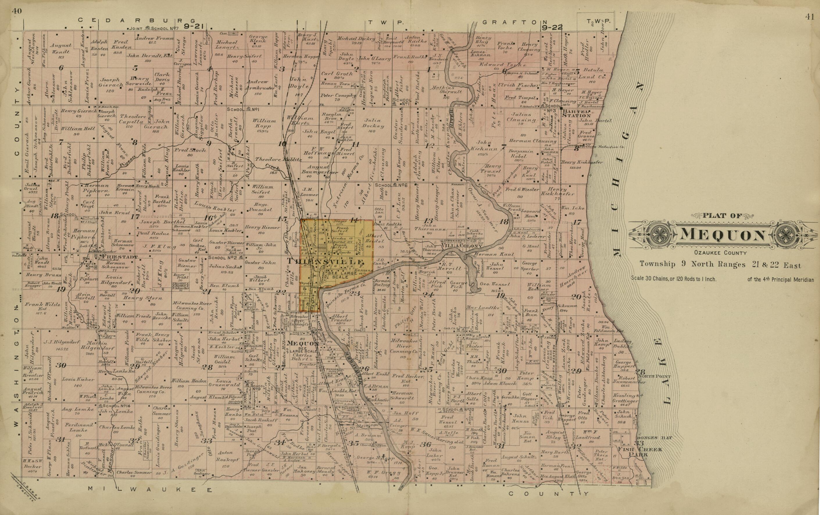 This old map of Plat of Mequon, Ozaukee County from Plat Book of Washington and Ozaukee Counties, Wisconsin from 1915 was created by Albert Volk in 1915