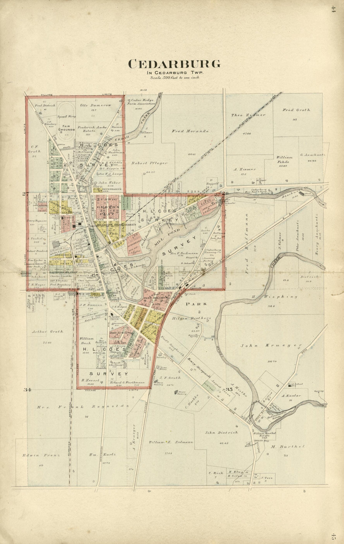 This old map of Cedarburg from Plat Book of Washington and Ozaukee Counties, Wisconsin from 1915 was created by Albert Volk in 1915