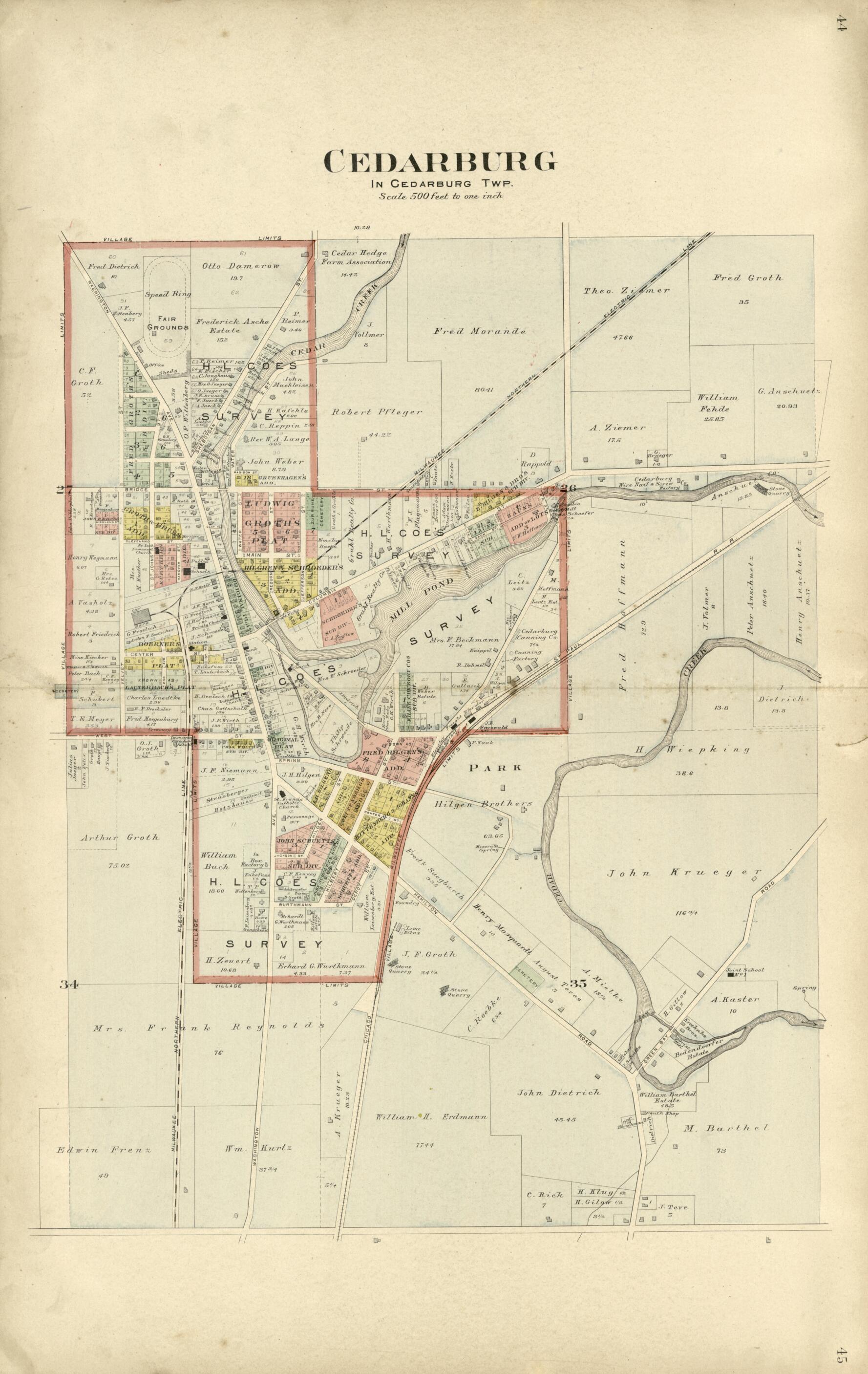 This old map of Cedarburg from Plat Book of Washington and Ozaukee Counties, Wisconsin from 1915 was created by Albert Volk in 1915