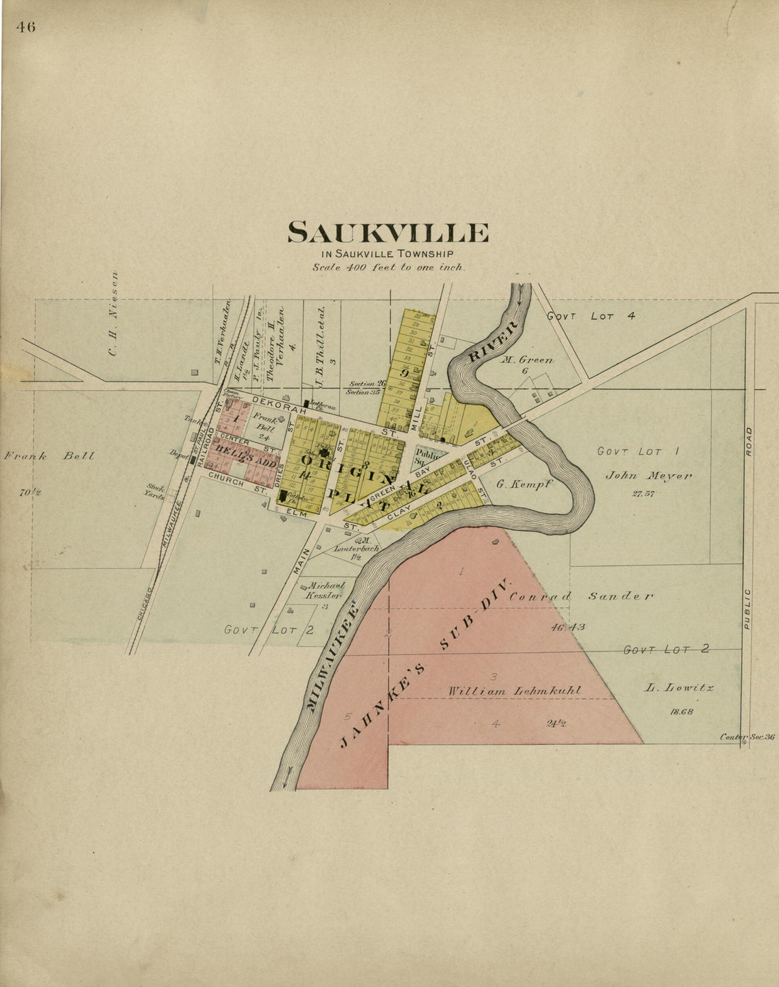 This old map of Saukville from Plat Book of Washington and Ozaukee Counties, Wisconsin from 1915 was created by Albert Volk in 1915