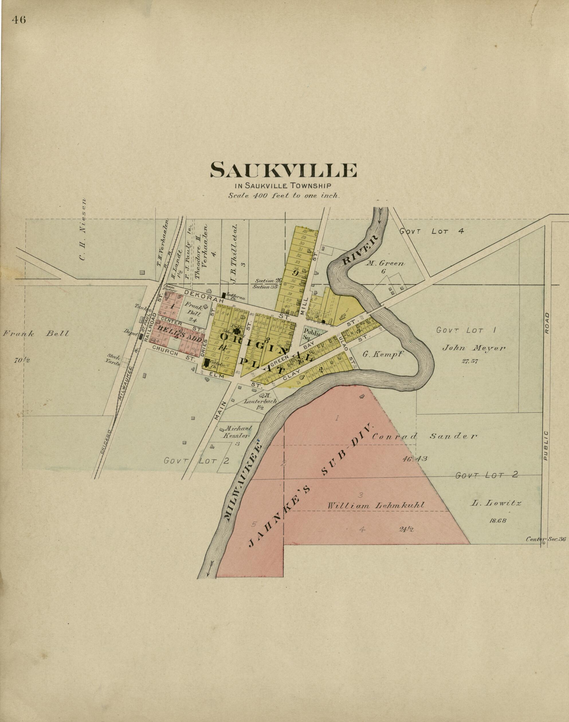This old map of Saukville from Plat Book of Washington and Ozaukee Counties, Wisconsin from 1915 was created by Albert Volk in 1915