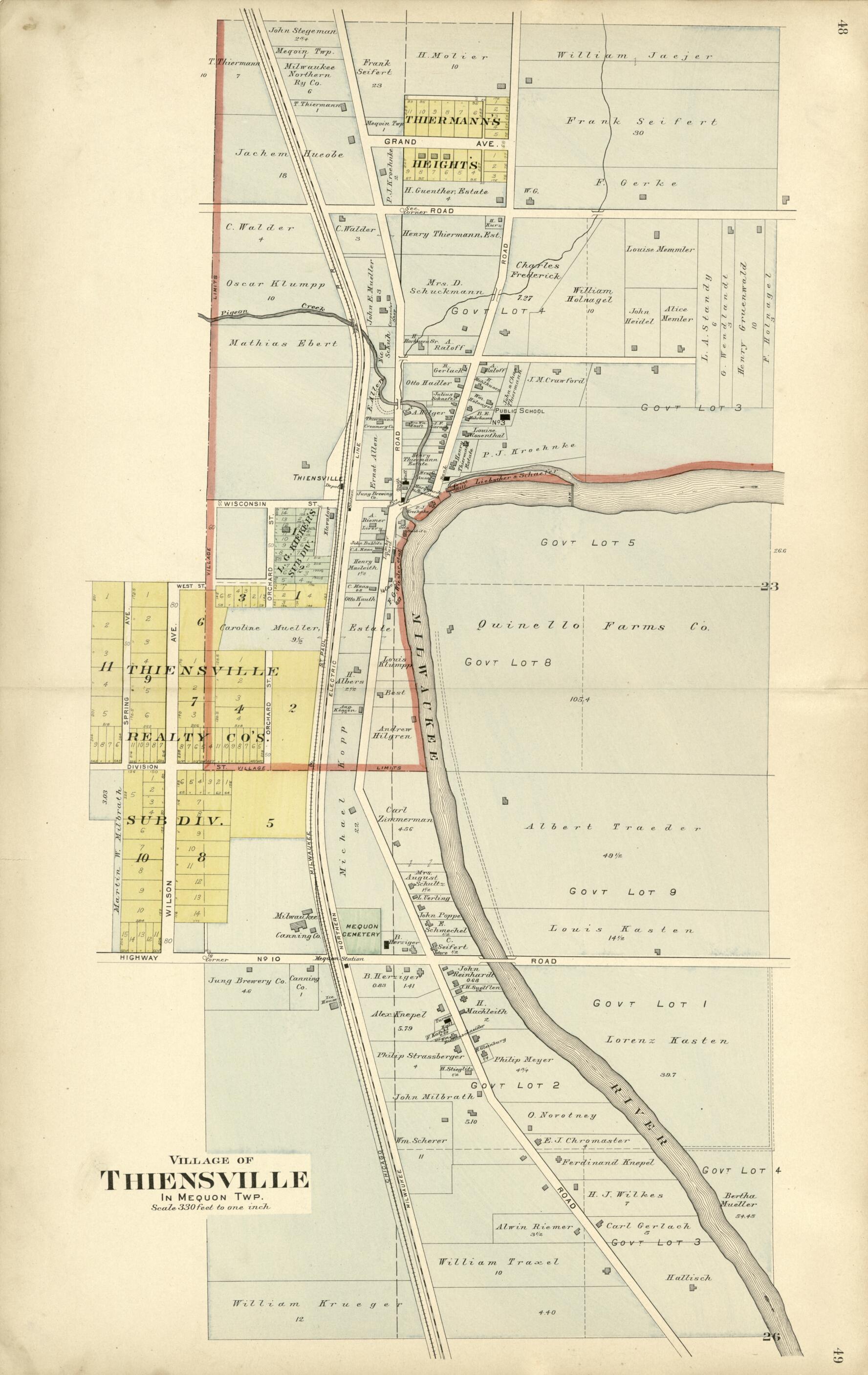 This old map of Village of Theinsville from Plat Book of Washington and Ozaukee Counties, Wisconsin from 1915 was created by Albert Volk in 1915