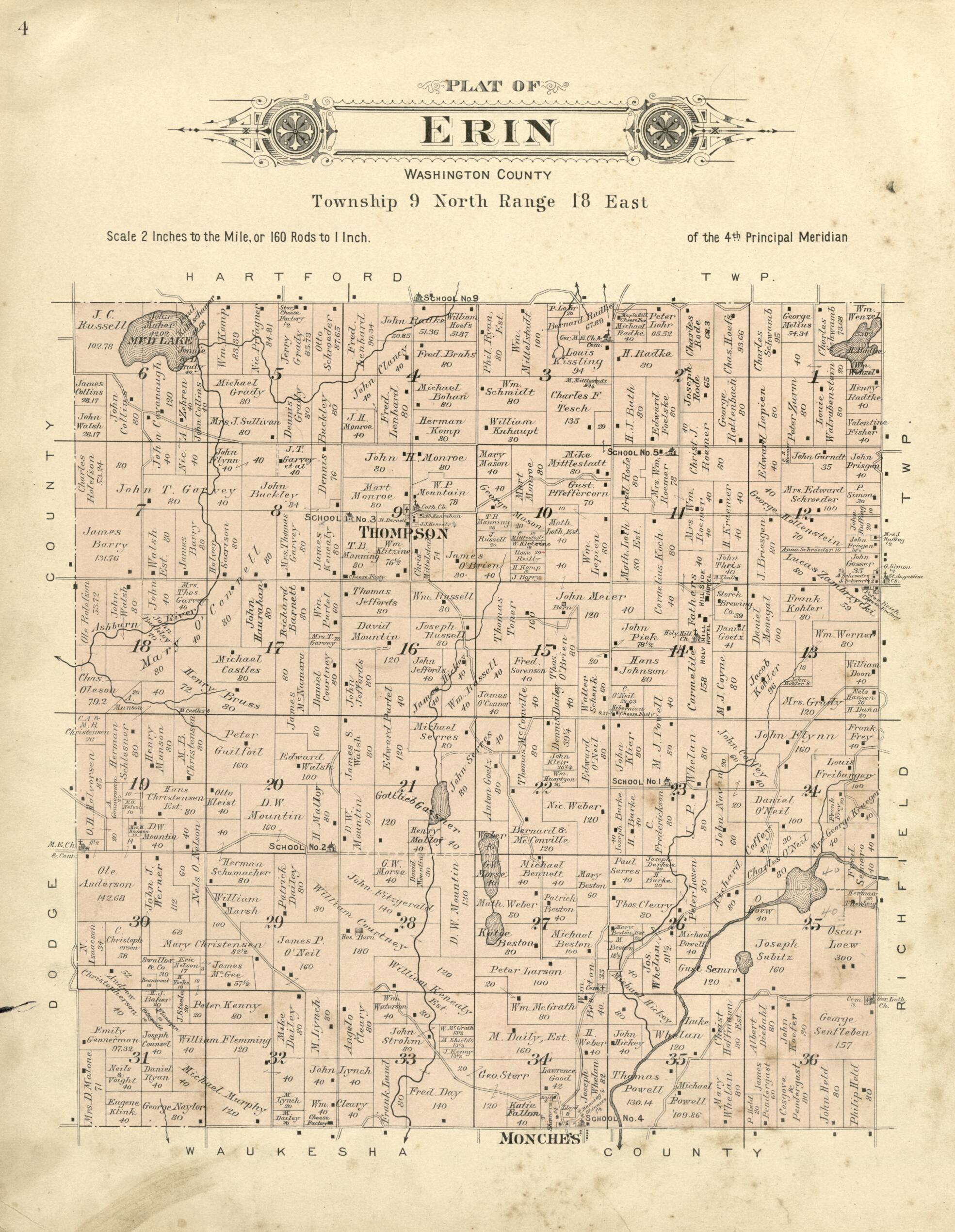 This old map of Plat of Erin, Washington County from Plat Book of Washington and Ozaukee Counties, Wisconsin from 1915 was created by Albert Volk in 1915