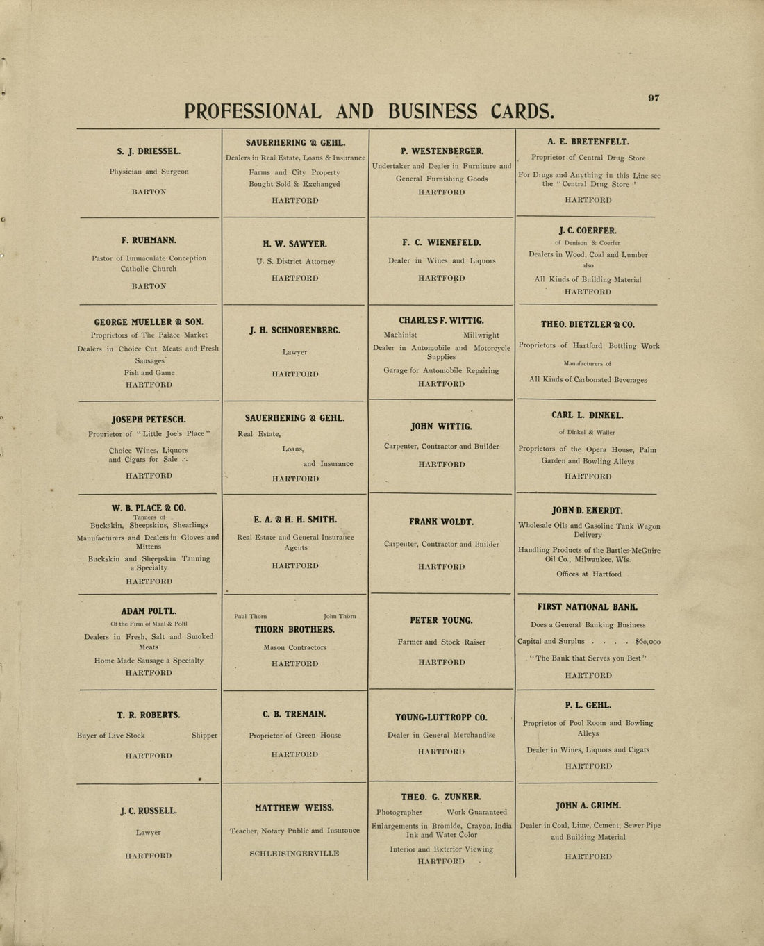 This old map of Professional and Buisness Cards from Plat Book of Washington and Ozaukee Counties, Wisconsin from 1915 was created by Albert Volk in 1915