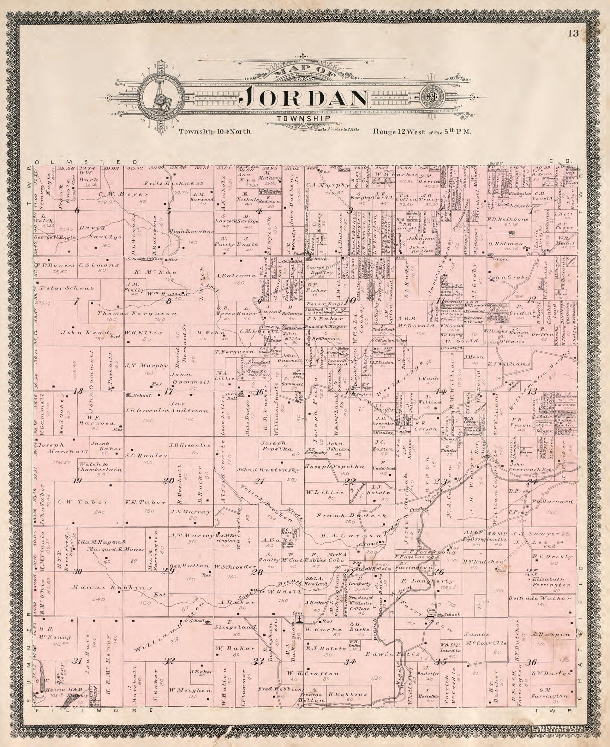 This old map of Jordan Township from Standard Atlas of Fillmore County, Minnesota from 1896 was created by Geo. A. Ogle & Co in 1896