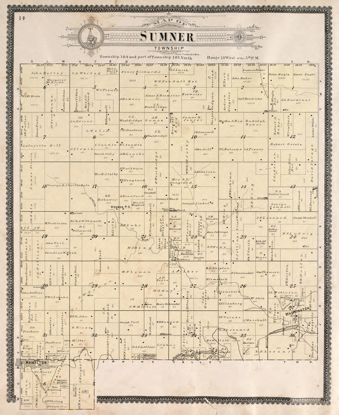 This old map of Sumner Township from Standard Atlas of Fillmore County, Minnesota from 1896 was created by Geo. A. Ogle & Co in 1896