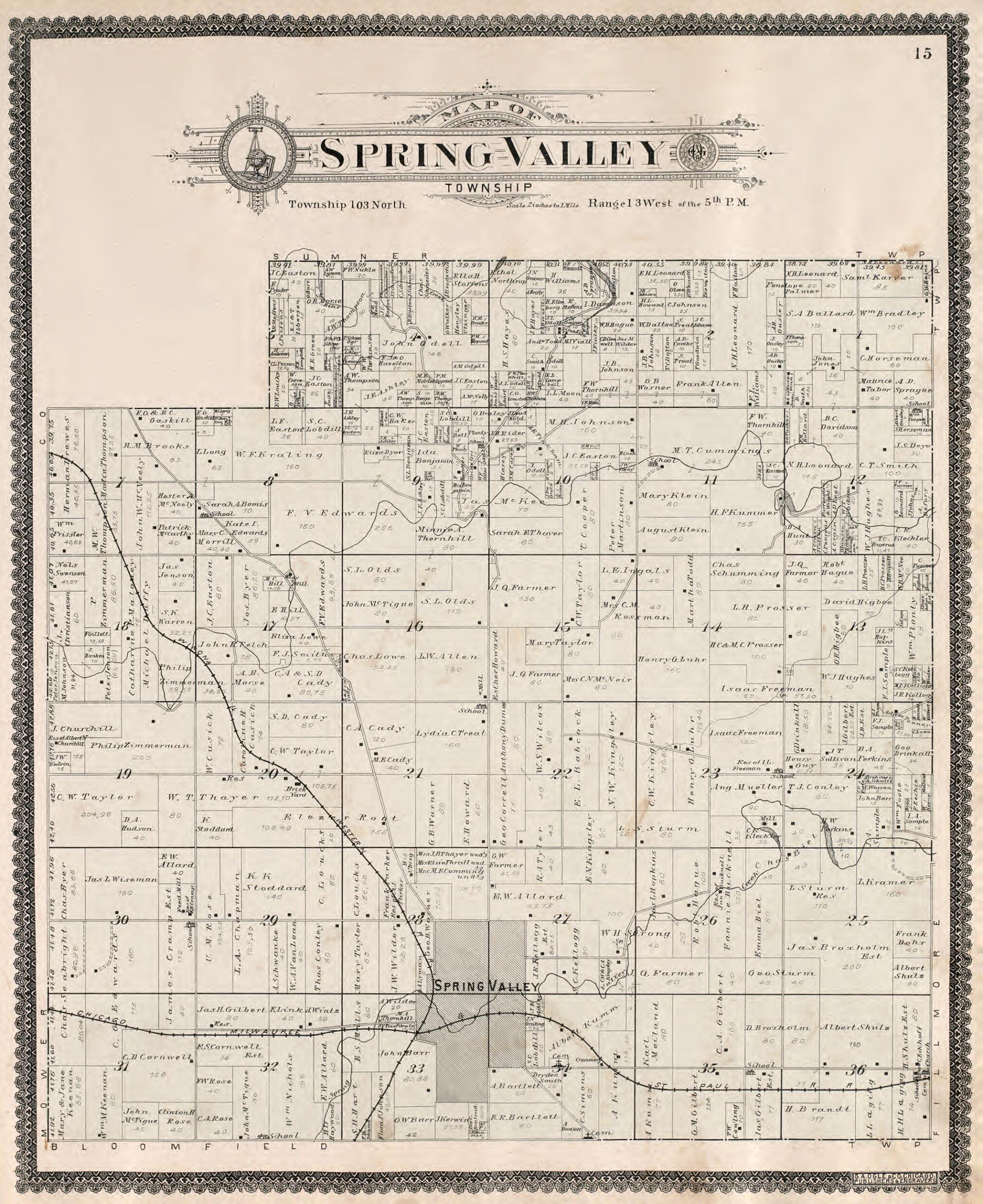 This old map of Spring Valley Township from Standard Atlas of Fillmore County, Minnesota from 1896 was created by Geo. A. Ogle & Co in 1896