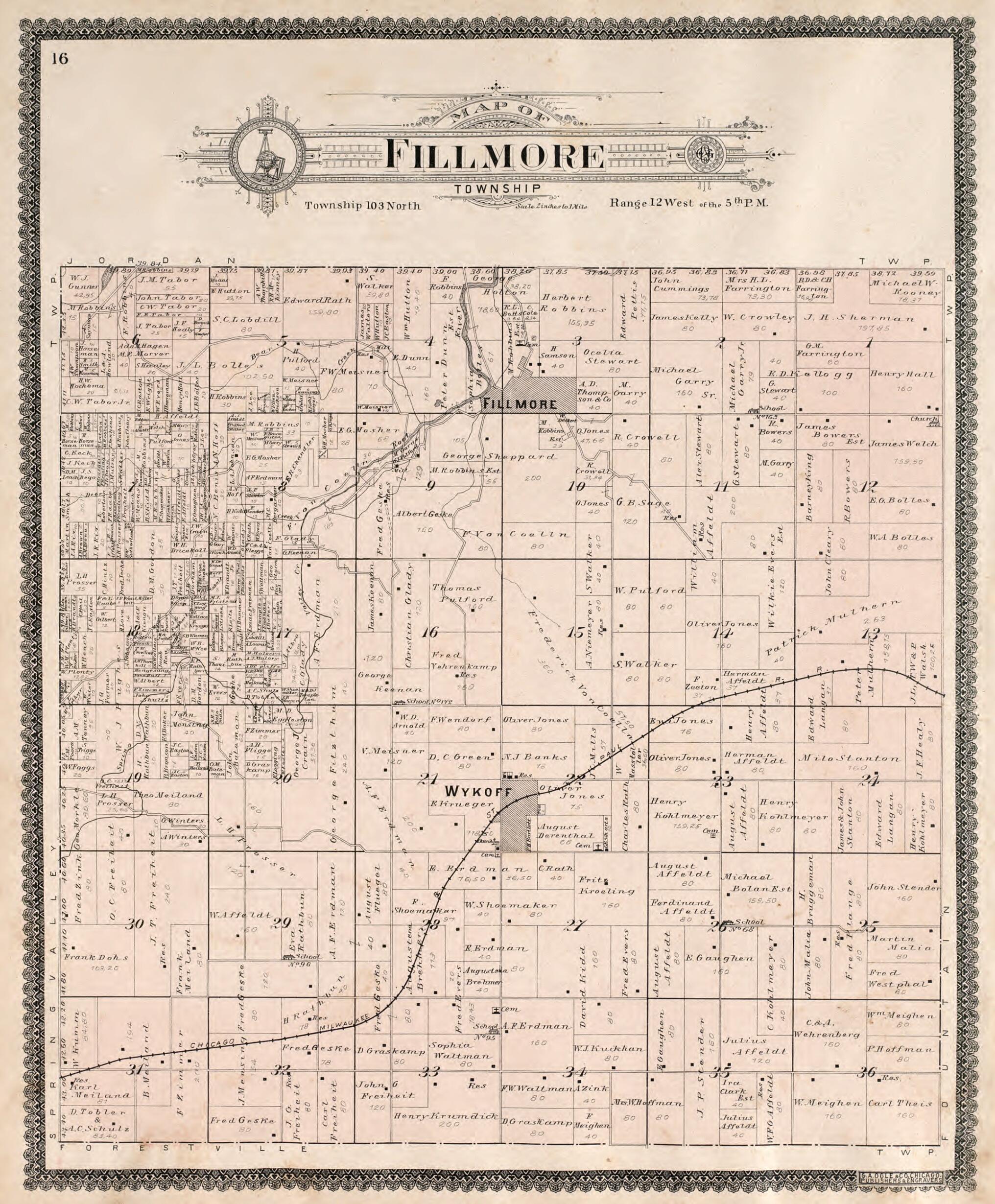 This old map of Fillmore Township from Standard Atlas of Fillmore County, Minnesota from 1896 was created by Geo. A. Ogle & Co in 1896