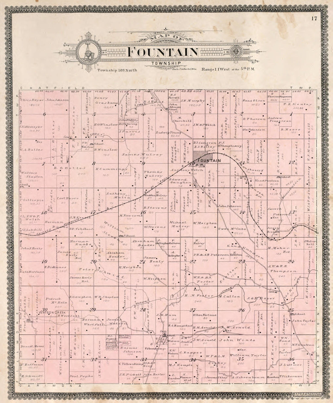 This old map of Fountain Township from Standard Atlas of Fillmore County, Minnesota from 1896 was created by Geo. A. Ogle & Co in 1896