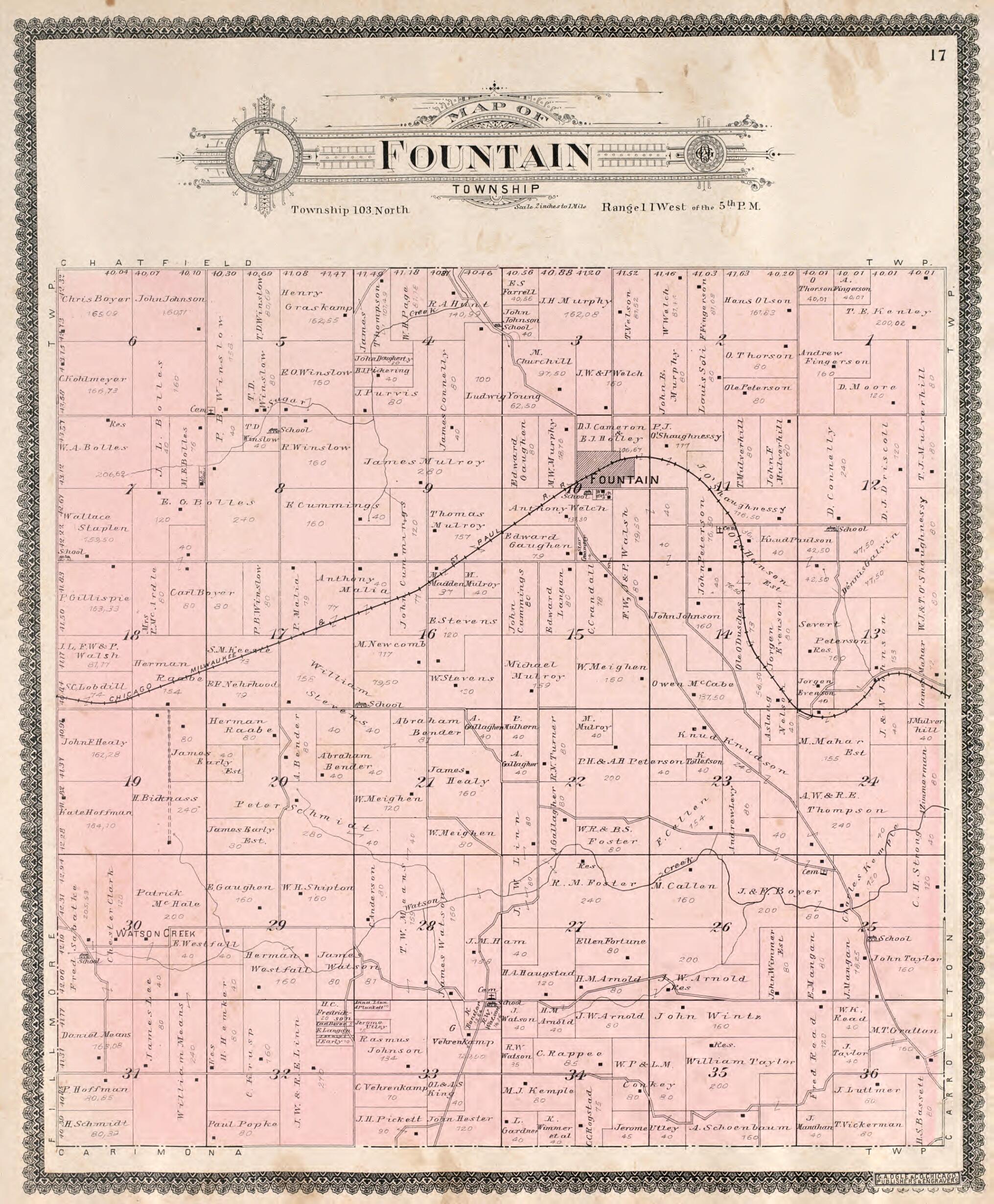 This old map of Fountain Township from Standard Atlas of Fillmore County, Minnesota from 1896 was created by Geo. A. Ogle & Co in 1896