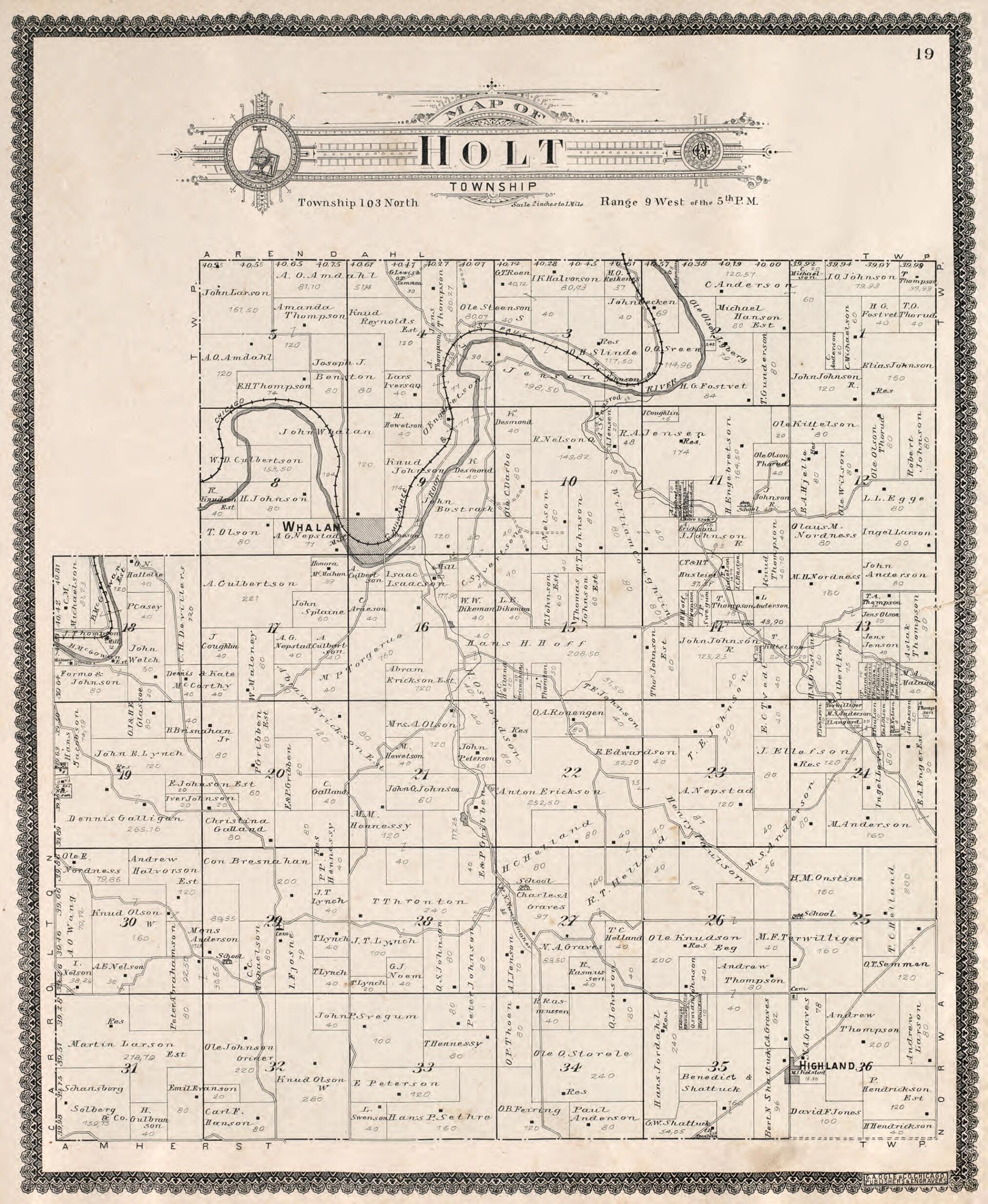 This old map of Holt Township from Standard Atlas of Fillmore County, Minnesota from 1896 was created by Geo. A. Ogle & Co in 1896