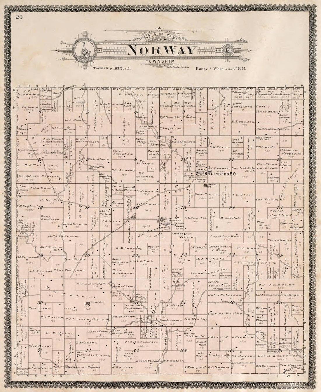 This old map of Norway Township from Standard Atlas of Fillmore County, Minnesota from 1896 was created by Geo. A. Ogle & Co in 1896