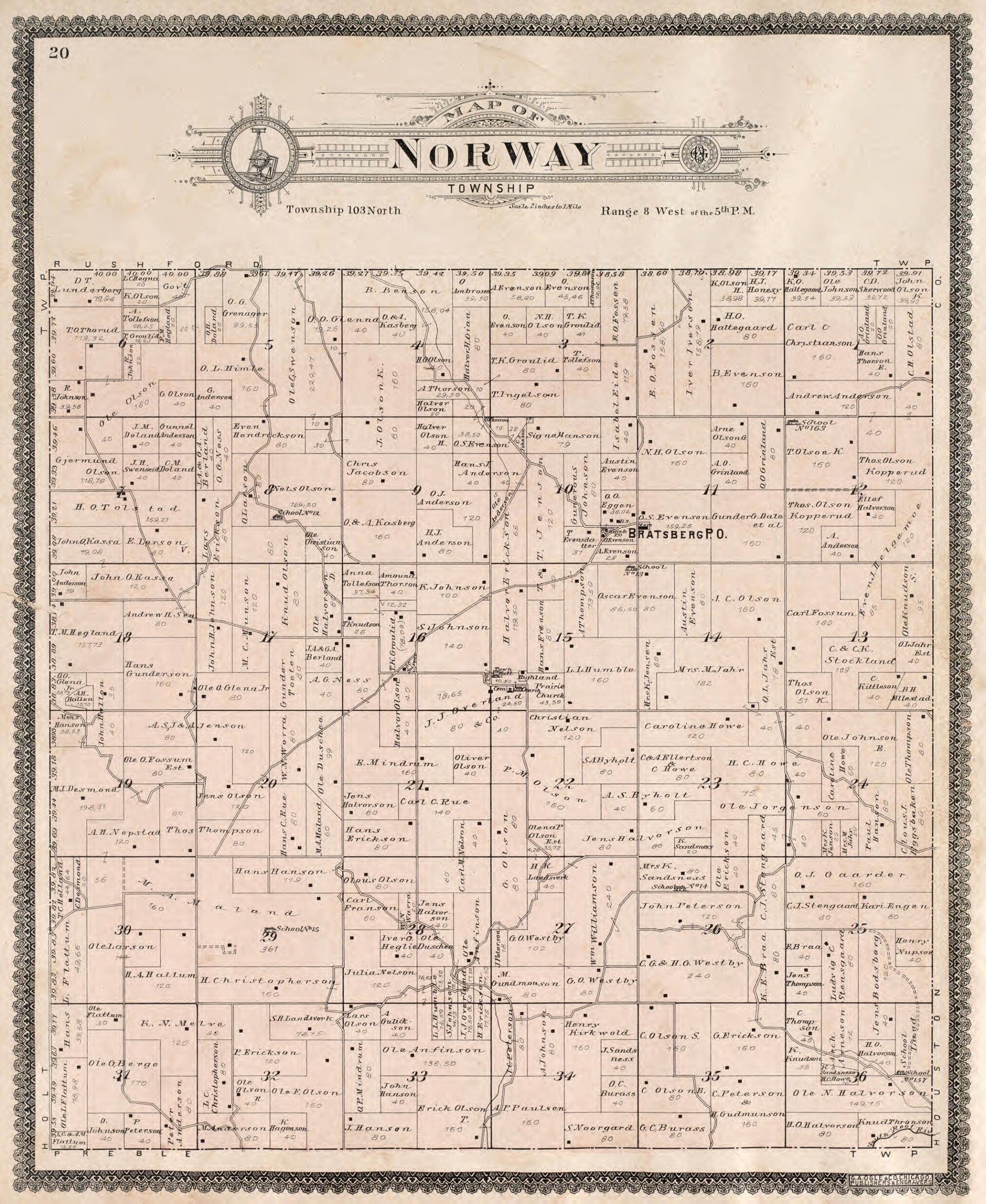 This old map of Norway Township from Standard Atlas of Fillmore County, Minnesota from 1896 was created by Geo. A. Ogle & Co in 1896