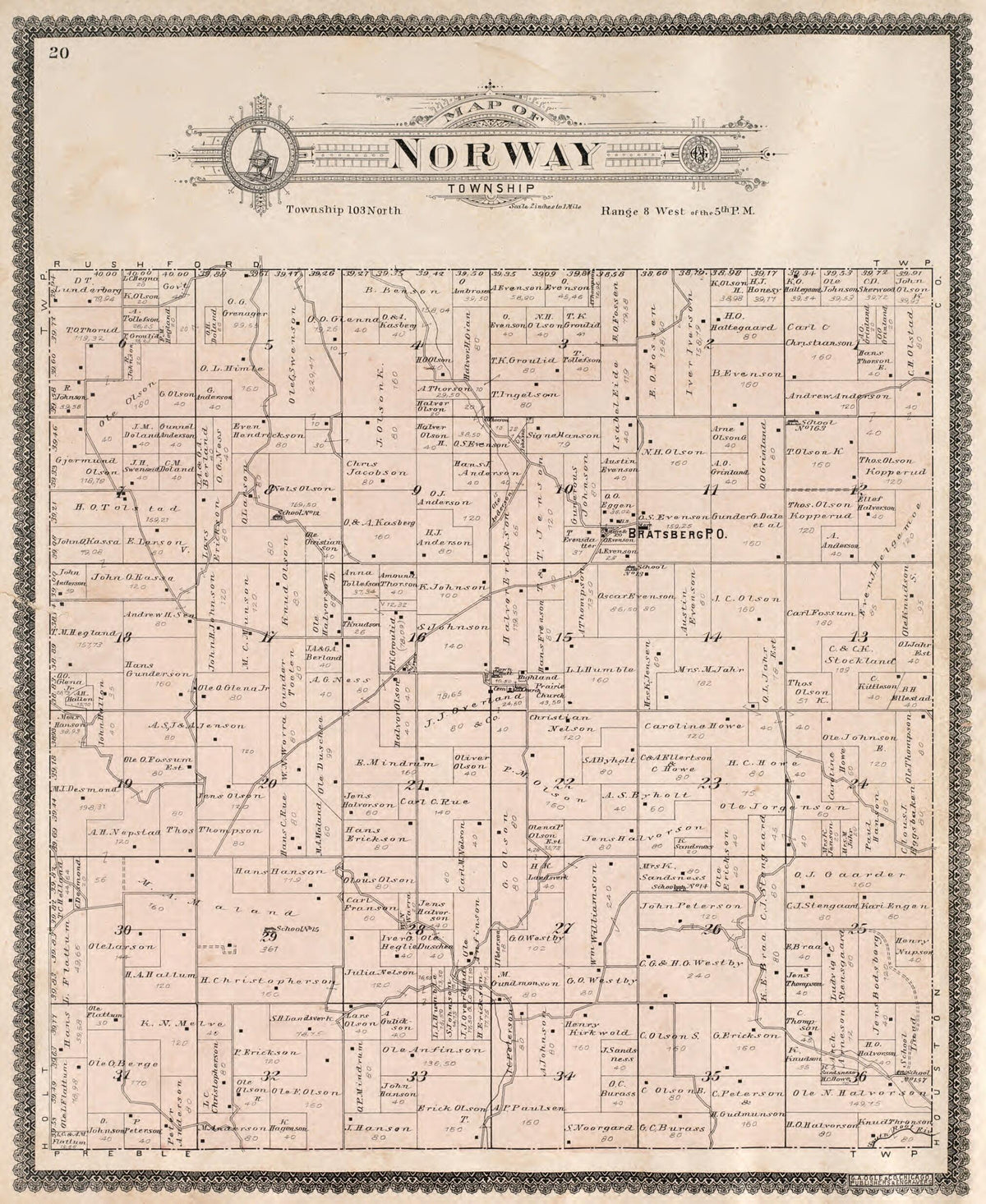 Norway Township from Standard Atlas of Fillmore County, Minnesota 1896 by Relic Map Company
